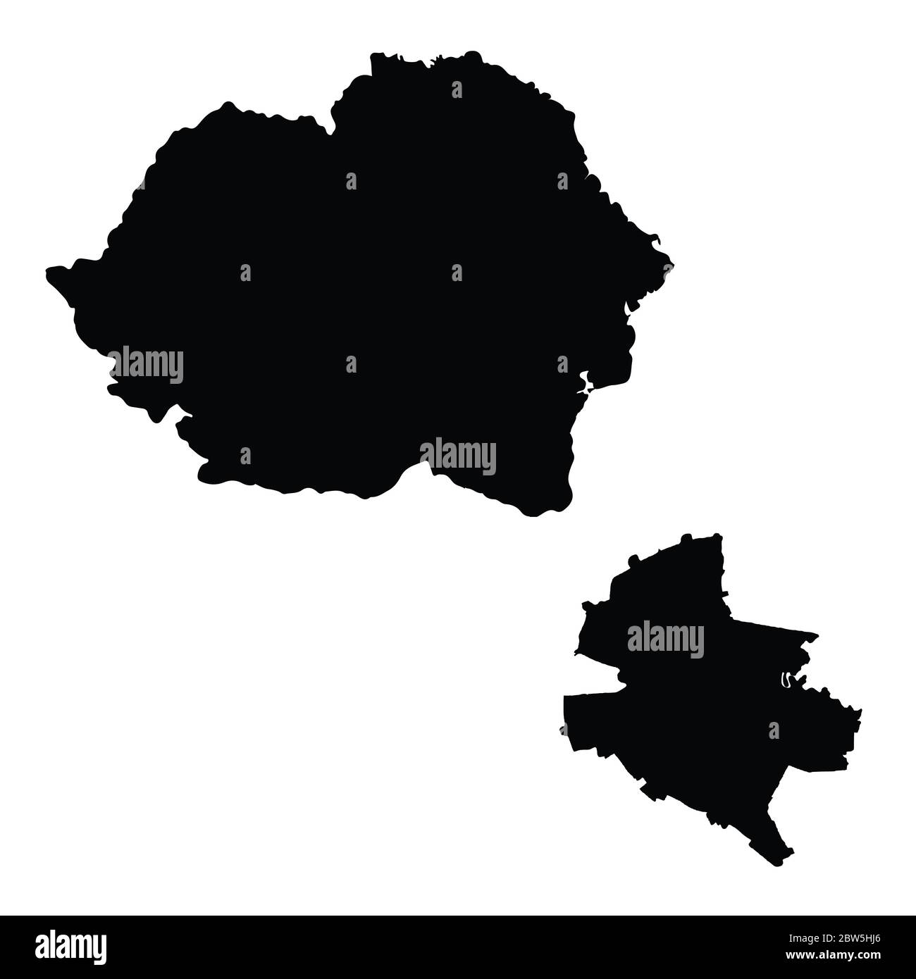 Mappa vettoriale Romania e Bucarest. Paese e capitale. Illustrazione vettoriale isolata. Nero su sfondo bianco. Illustrazione EPS 10. Illustrazione Vettoriale
