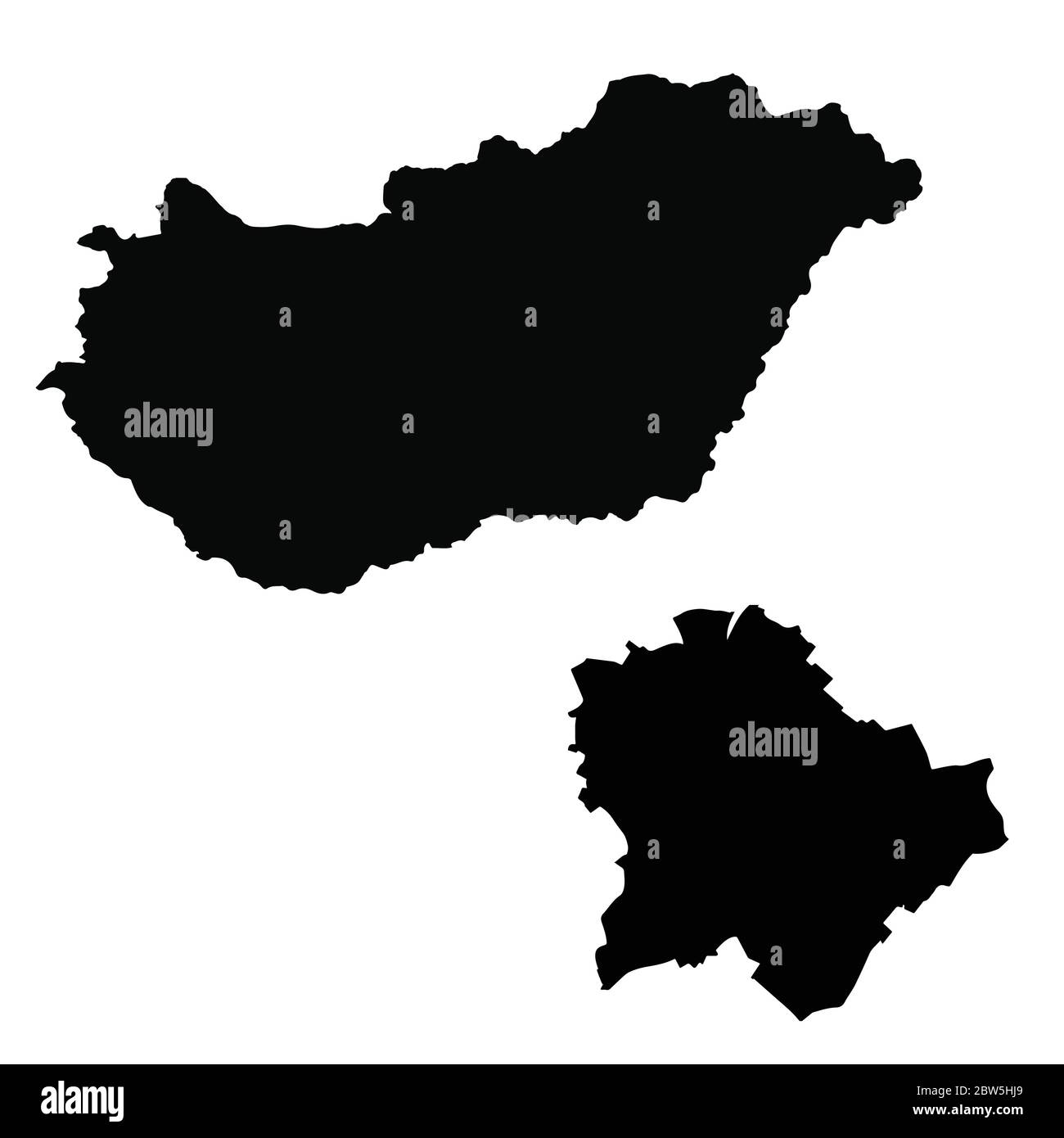 Mappa vettoriale Ungheria e Budapest. Paese e capitale. Illustrazione vettoriale isolata. Nero su sfondo bianco. Illustrazione EPS 10. Illustrazione Vettoriale
