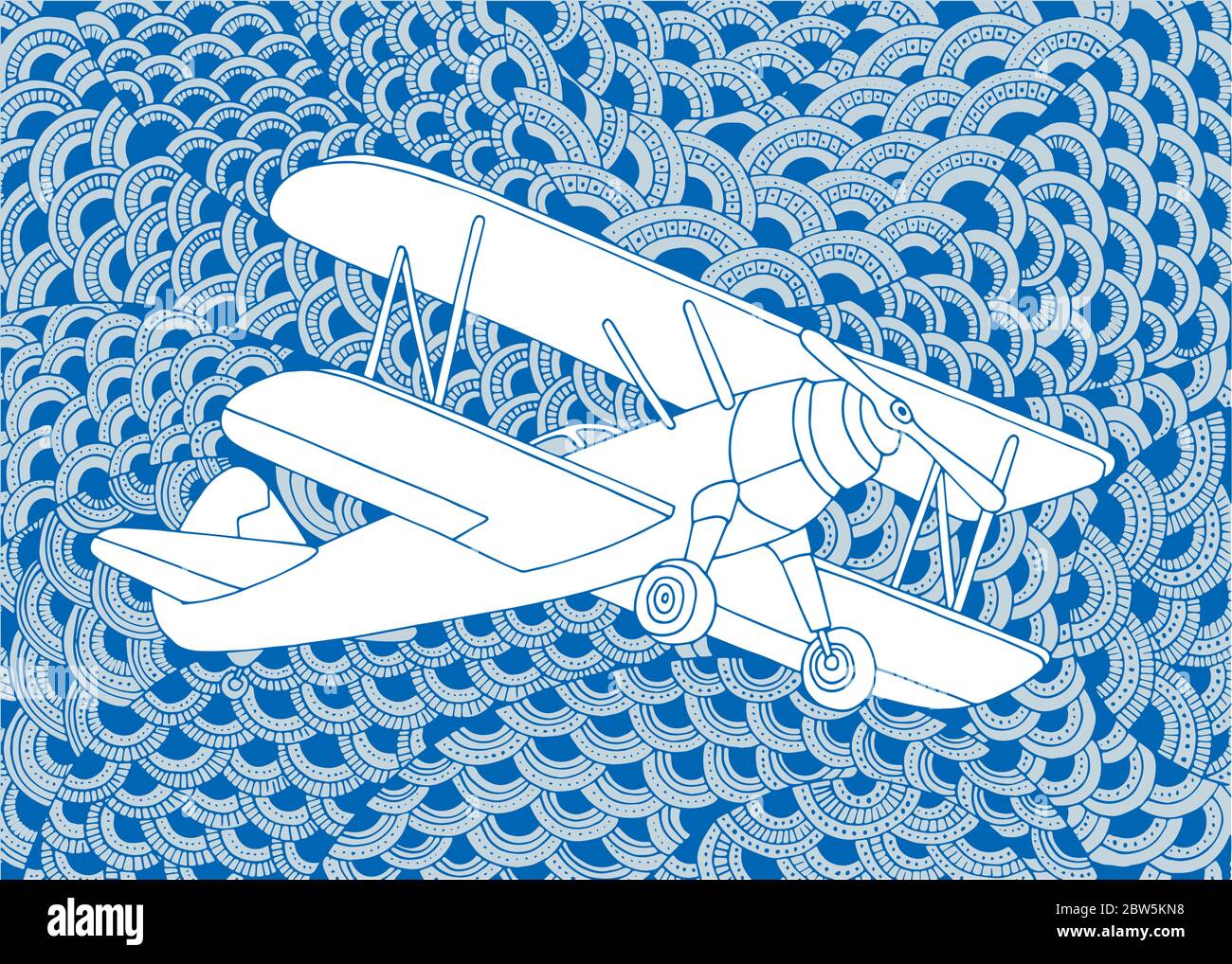 Biplanare. Illustrazione vettoriale disegnata a mano dell'aeromobile. Disegno di piccolo disegno di aeroplano su sfondo di doodle. Illustrazione Vettoriale