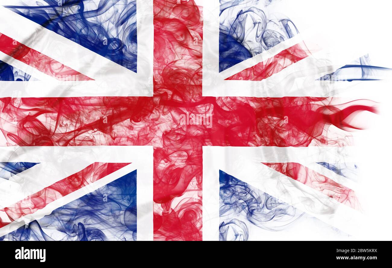 Forma fumogena della bandiera nazionale britannica della Gran Bretagna isolata su sfondo bianco. Concetto di business di crisi e commerciale internazionale Foto Stock