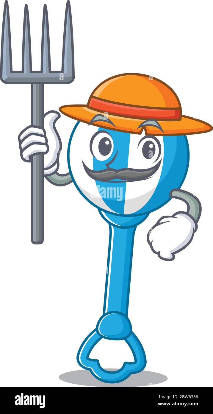 Il design della mascotte giocattolo del sonaglino funziona come un contadino che indossa un cappello Illustrazione Vettoriale
