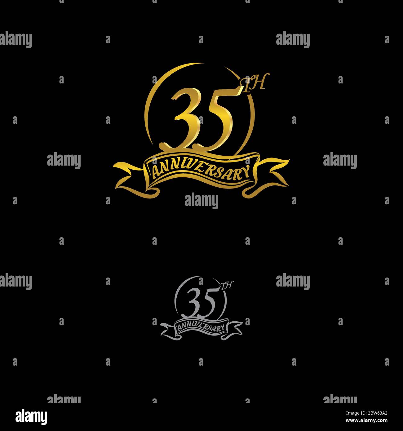 Festeggia il 35° anniversario con anelli d'oro e nastri di gradazione isolati su sfondo nero.EPS 10 Illustrazione Vettoriale