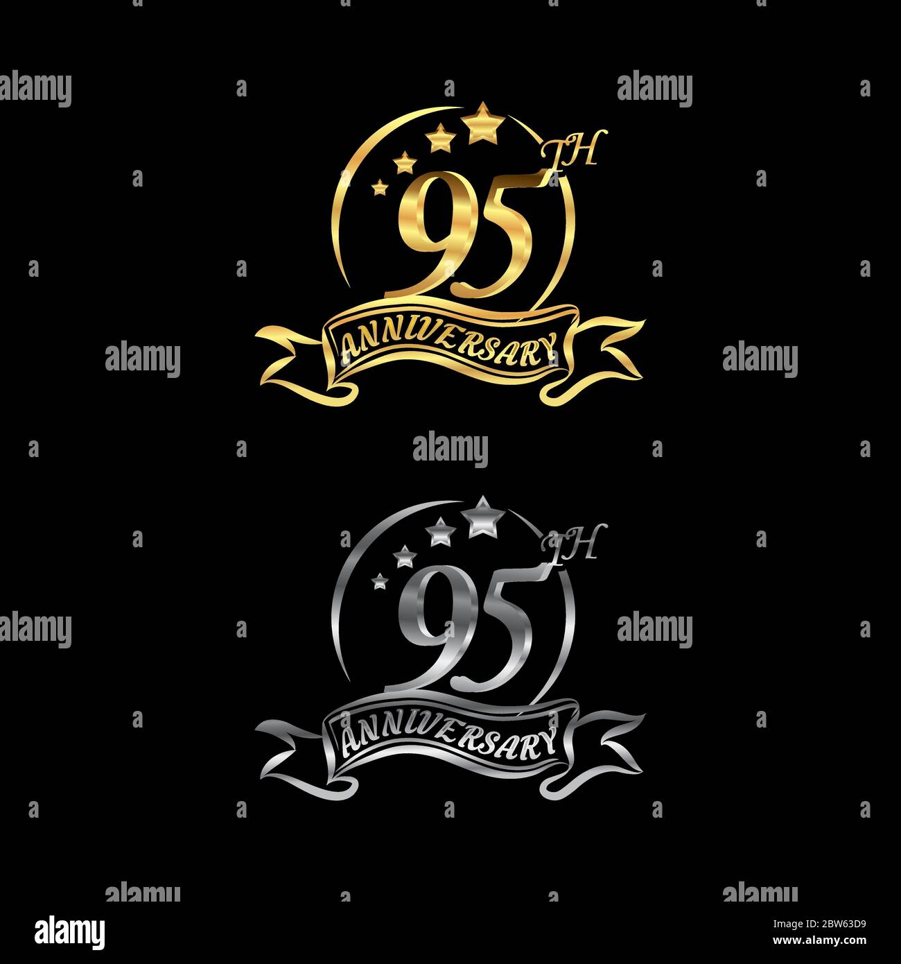 Festeggia il 95° anniversario con il logo, a forma di stella, con anelli in oro e argento e nastri di gradazione isolati su sfondo nero.EPS 10 Illustrazione Vettoriale