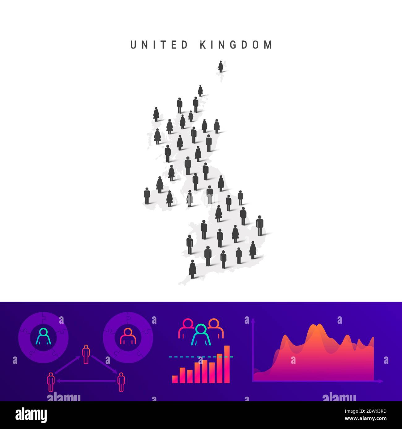 Mappa del popolo britannico. Silhouette vettoriale dettagliata. Folla mista di icone maschili e femminili. Elementi infografici della popolazione. Illustrazione vettoriale isolata su w Illustrazione Vettoriale