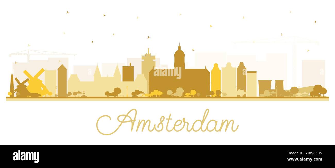 Silhouette Amsterdam Holland City Skyline con edifici dorati isolati su bianco. Illustrazione vettoriale. Concetto di turismo con architettura storica. Illustrazione Vettoriale