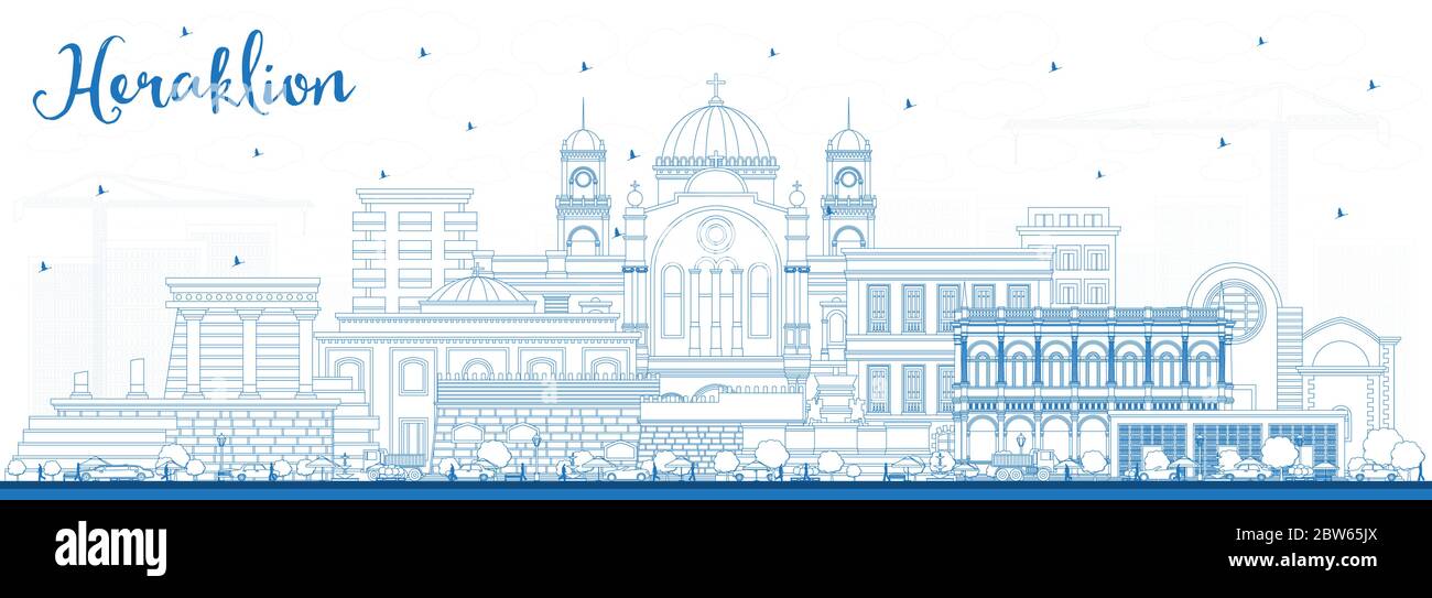 Profilo Heraklion Grecia Creta skyline della città con edifici blu. Illustrazione vettoriale. Concetto turistico con architettura storica e moderna. Illustrazione Vettoriale