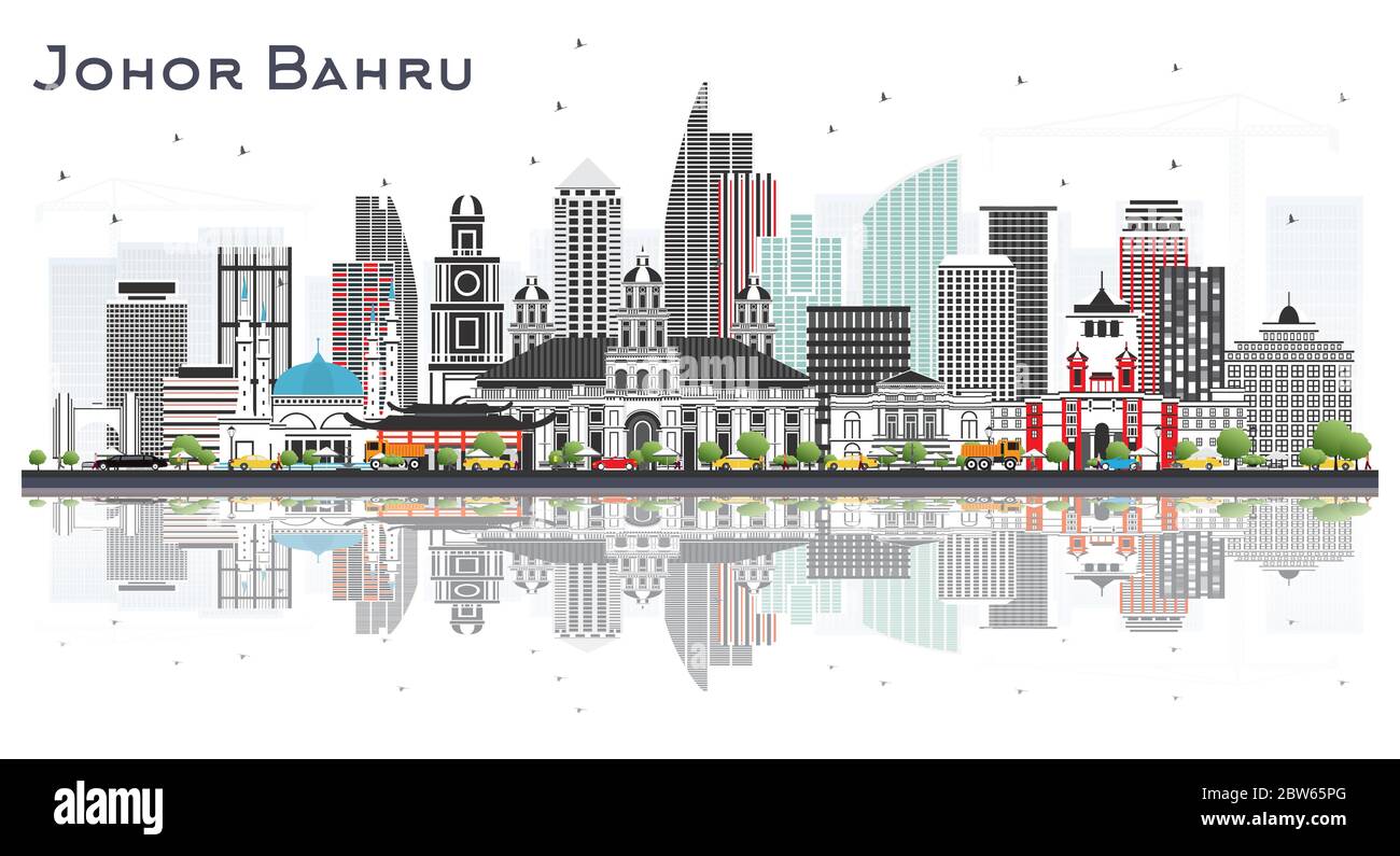 Johor Bahru Malaysia City Skyline con edifici grigi e riflessi isolati su sfondo bianco. Illustrazione Vettoriale