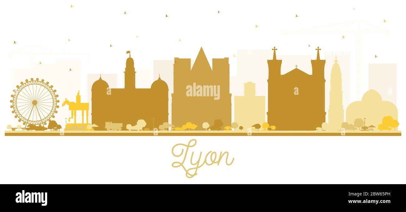 Lyon France City Skyline Silhouette con edifici dorati isolati su bianco. Illustrazione vettoriale. Illustrazione Vettoriale