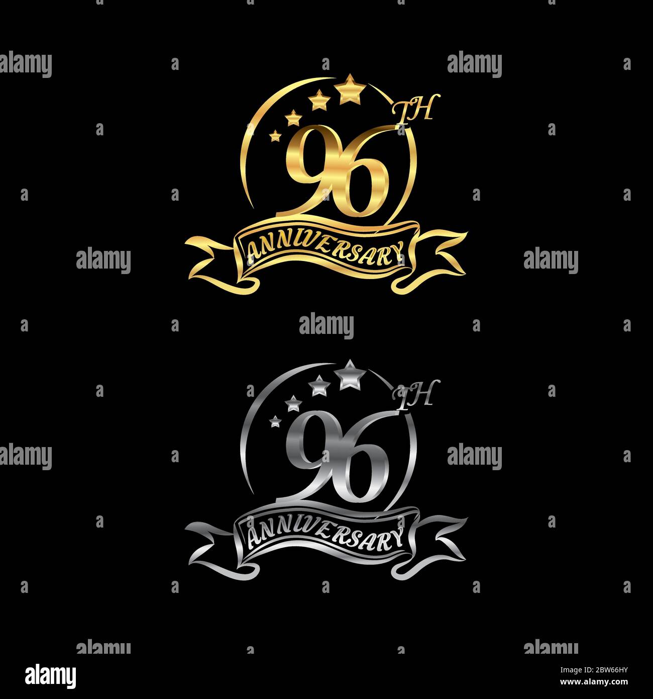 Festeggia il 96° anniversario con il logo, a forma di stella, con anelli in oro e argento e nastri di gradazione isolati su sfondo nero.EPS 10 Illustrazione Vettoriale