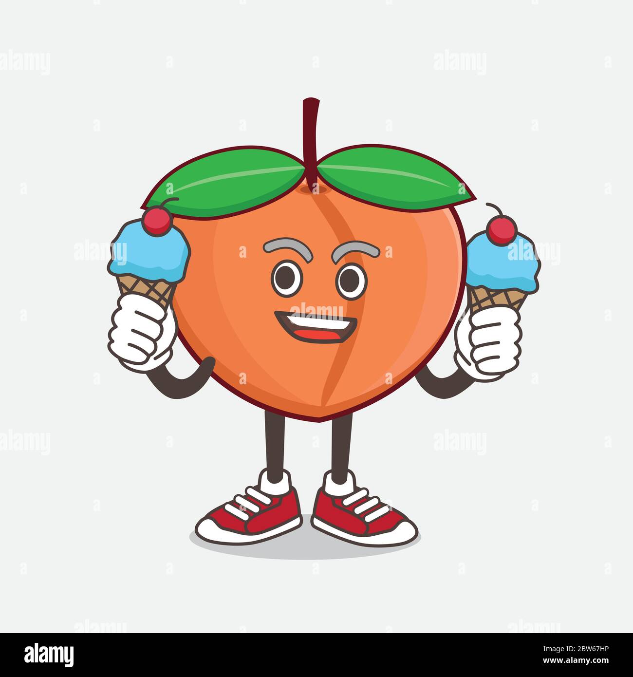 Un'illustrazione del carattere di mascotte di cartone animato di frutta di Peach che mangia due gelati Illustrazione Vettoriale