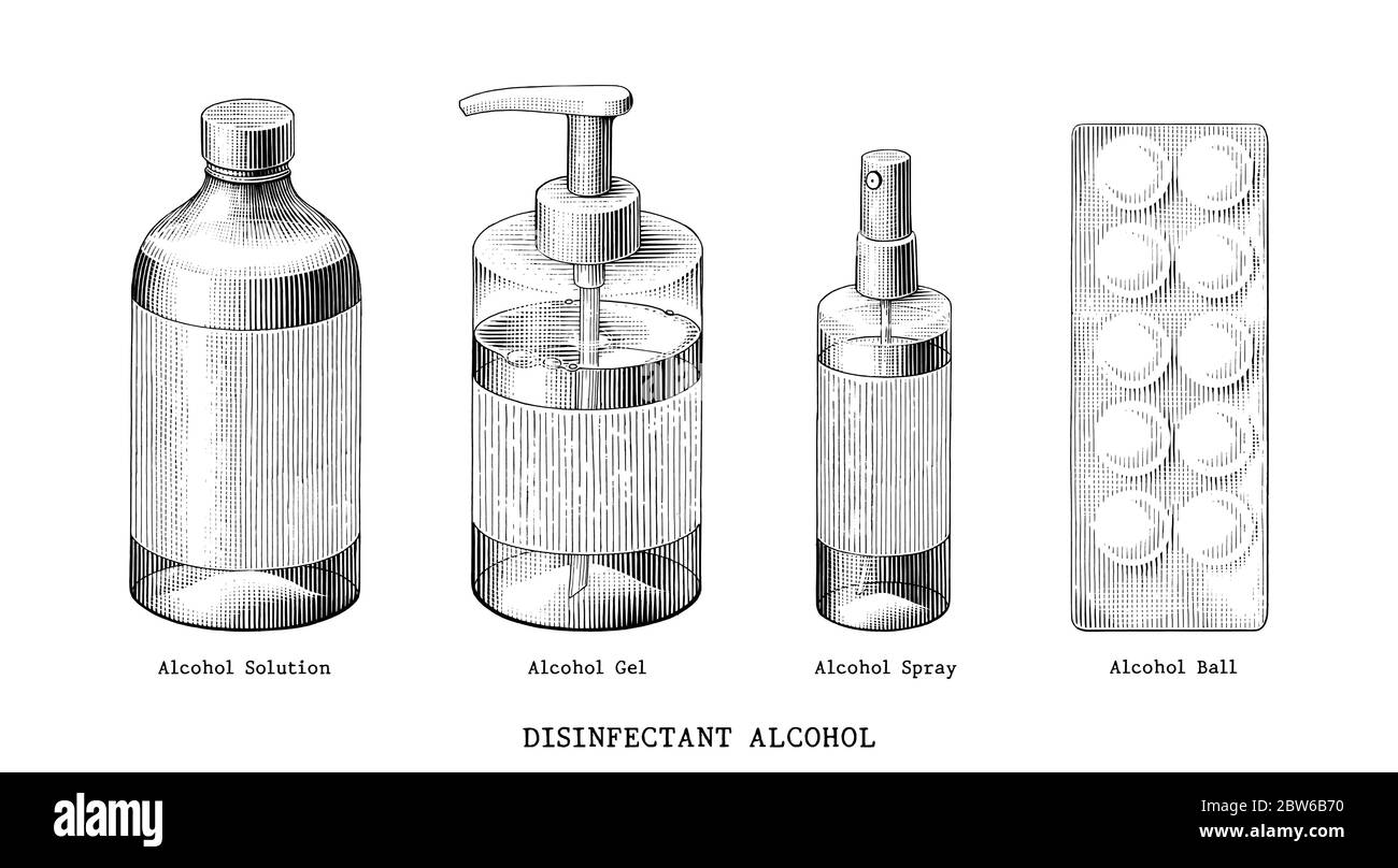 Set di disinfettanti alcol disegno a mano vintage nero e bianco clip art isolato su sfondo bianco Illustrazione Vettoriale