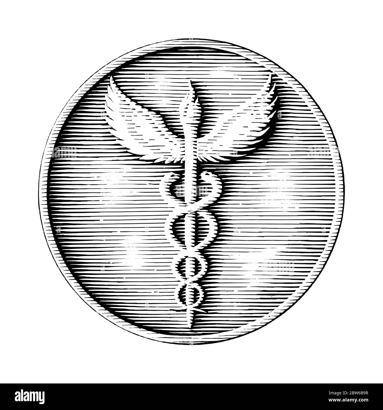 Disegno a mano con logo Caduceus in stile moneta, in bianco e nero, su sfondo bianco isolato Illustrazione Vettoriale
