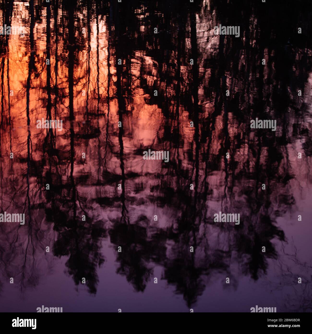 Tramonto e riflessione forestale in un lago in Finlandia Foto Stock