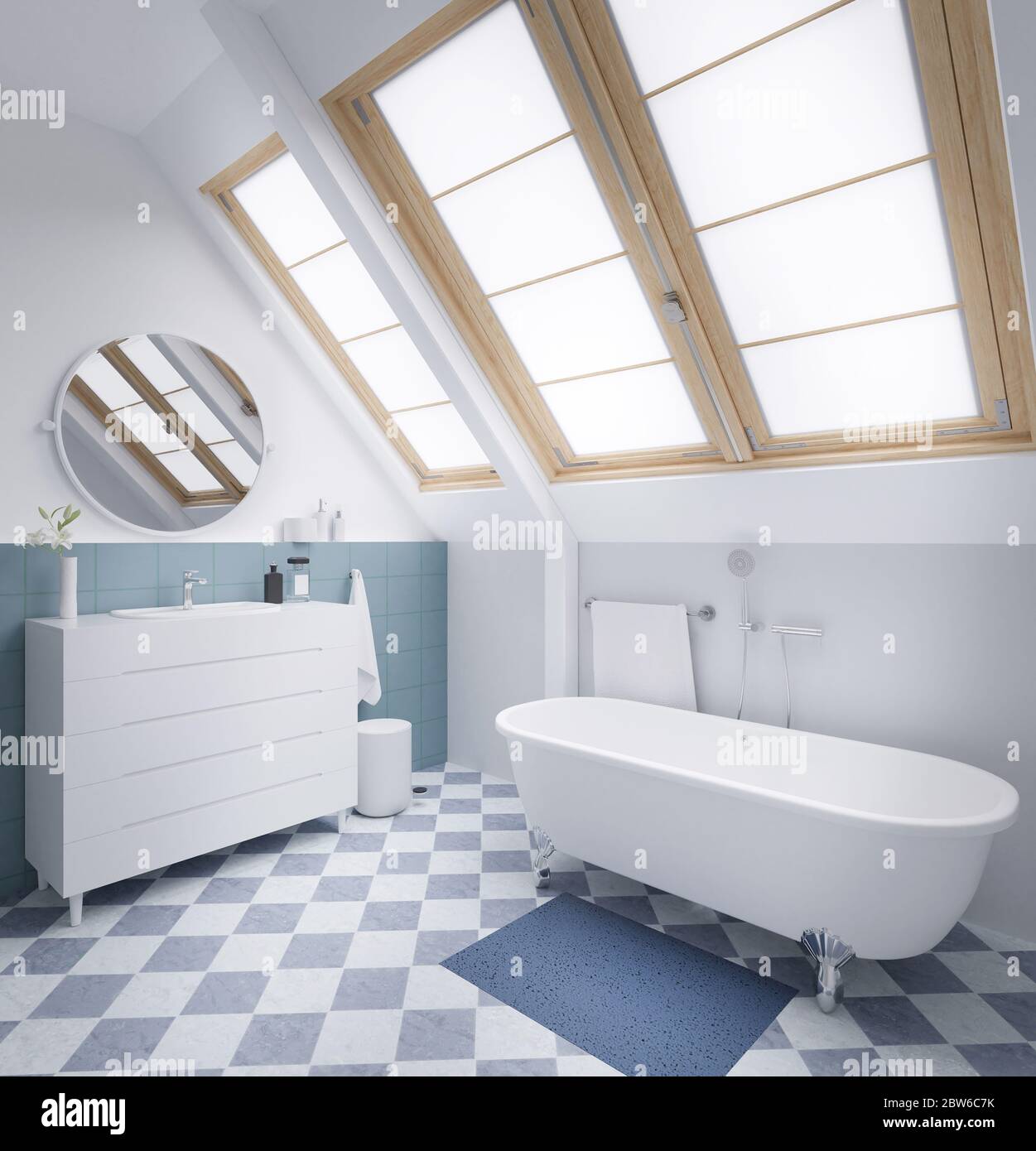 Bagno moderno e color pastello con grande finestra in rendering 3d Foto Stock