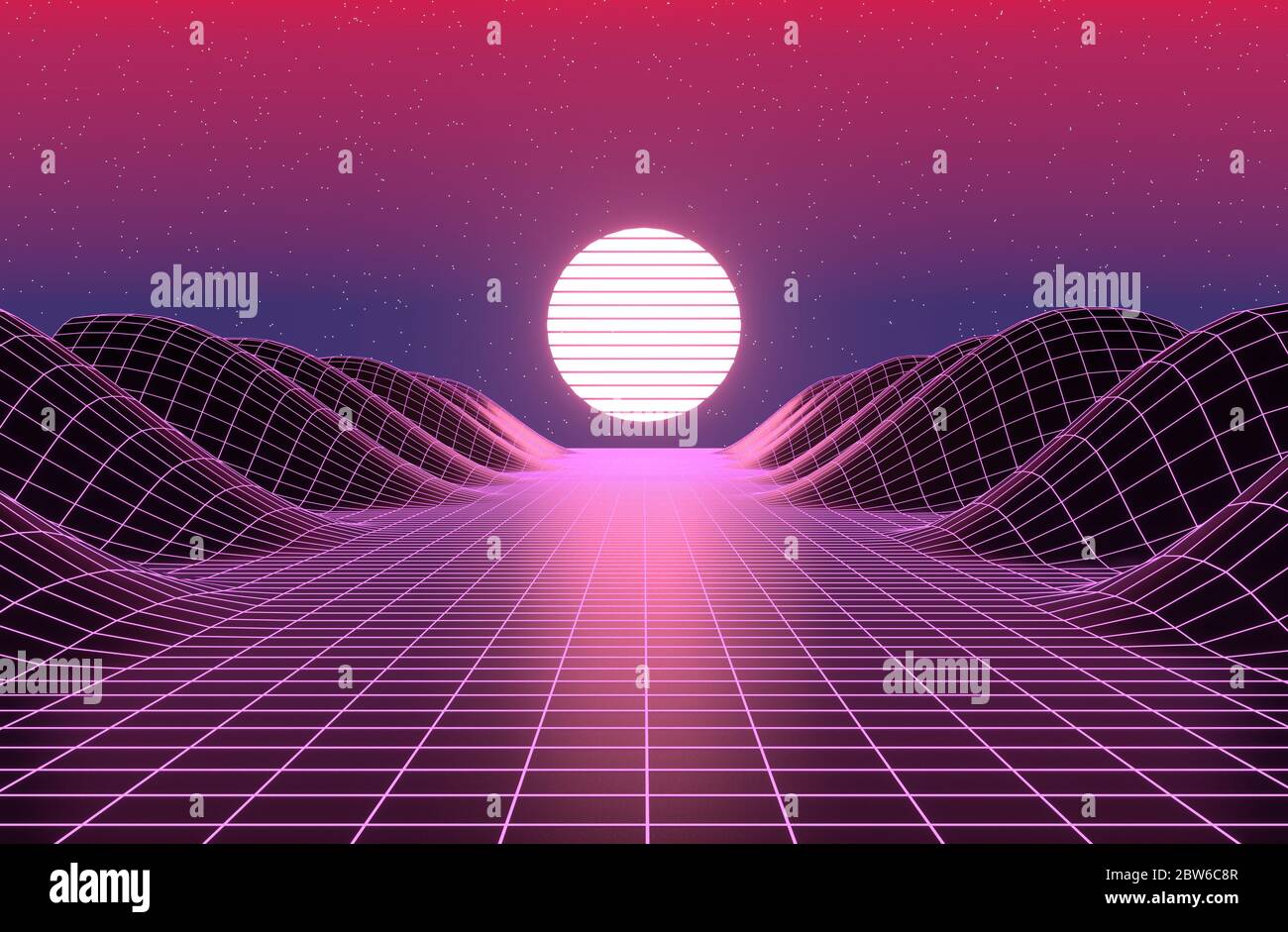 Stile neon anni 80, vintage gioco retrò paesaggio 3D rendering Foto Stock
