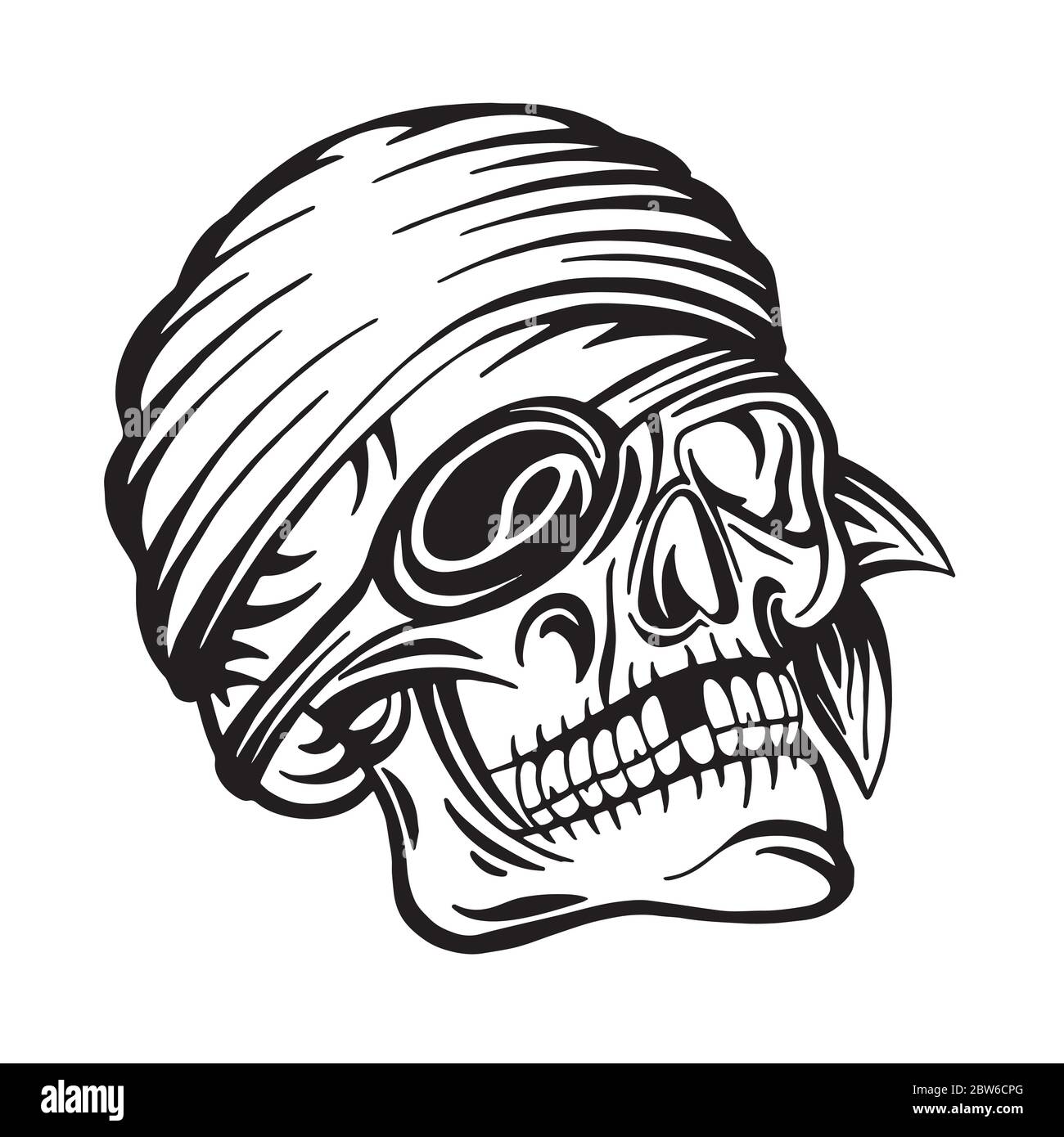 Cranio. Immagine vettoriale disegnata a mano del cranio pirata. Cranio con  disegno di schizzo di cerchietto e fascia. Parte del set Immagine e  Vettoriale - Alamy