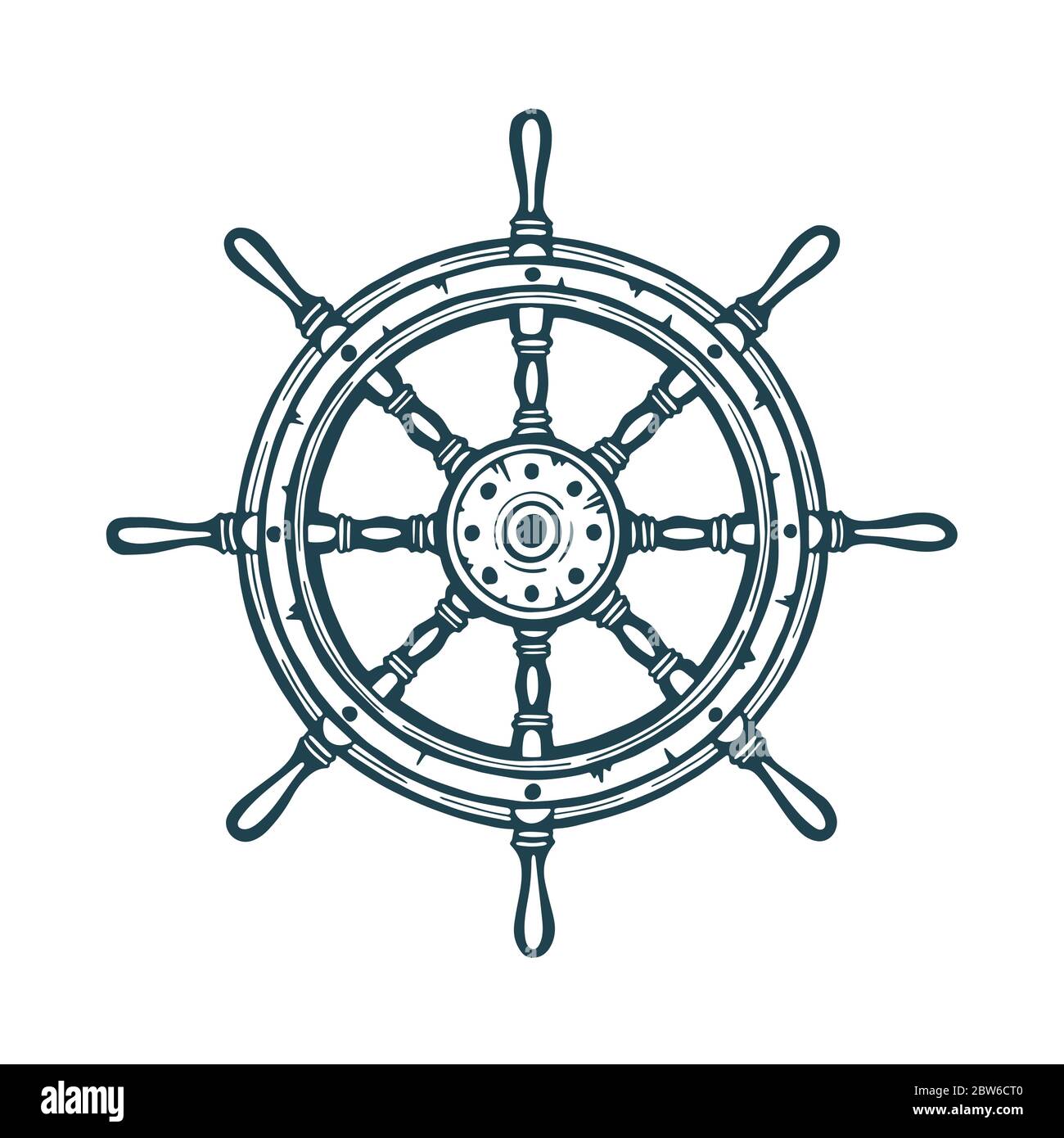 Timone della barca. Illustrazione vettoriale realistica disegnata a mano dal timone dell'imbarcazione. Parte del set. Illustrazione Vettoriale