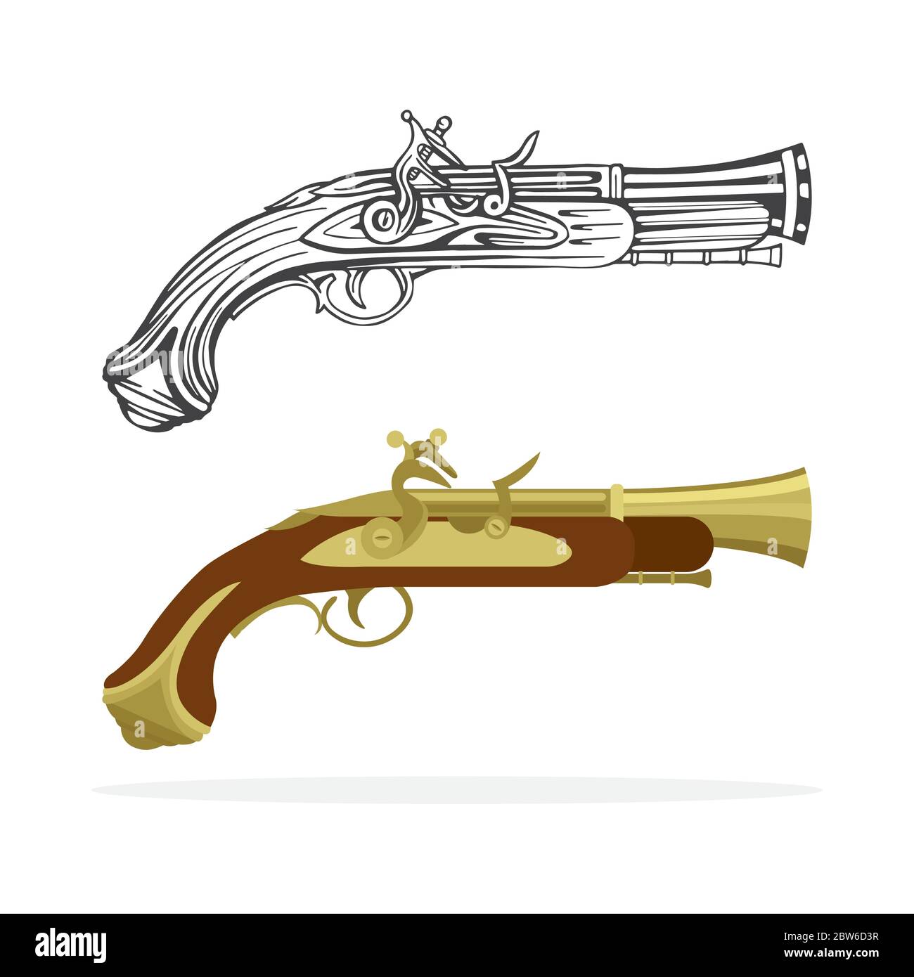 Vecchia pistola. Collezione di illustrazioni vettoriali disegnate a mano con pistola flintlock vintage. Incisione e cartoni animati disegni antichi a pistola. Parte del set. Illustrazione Vettoriale