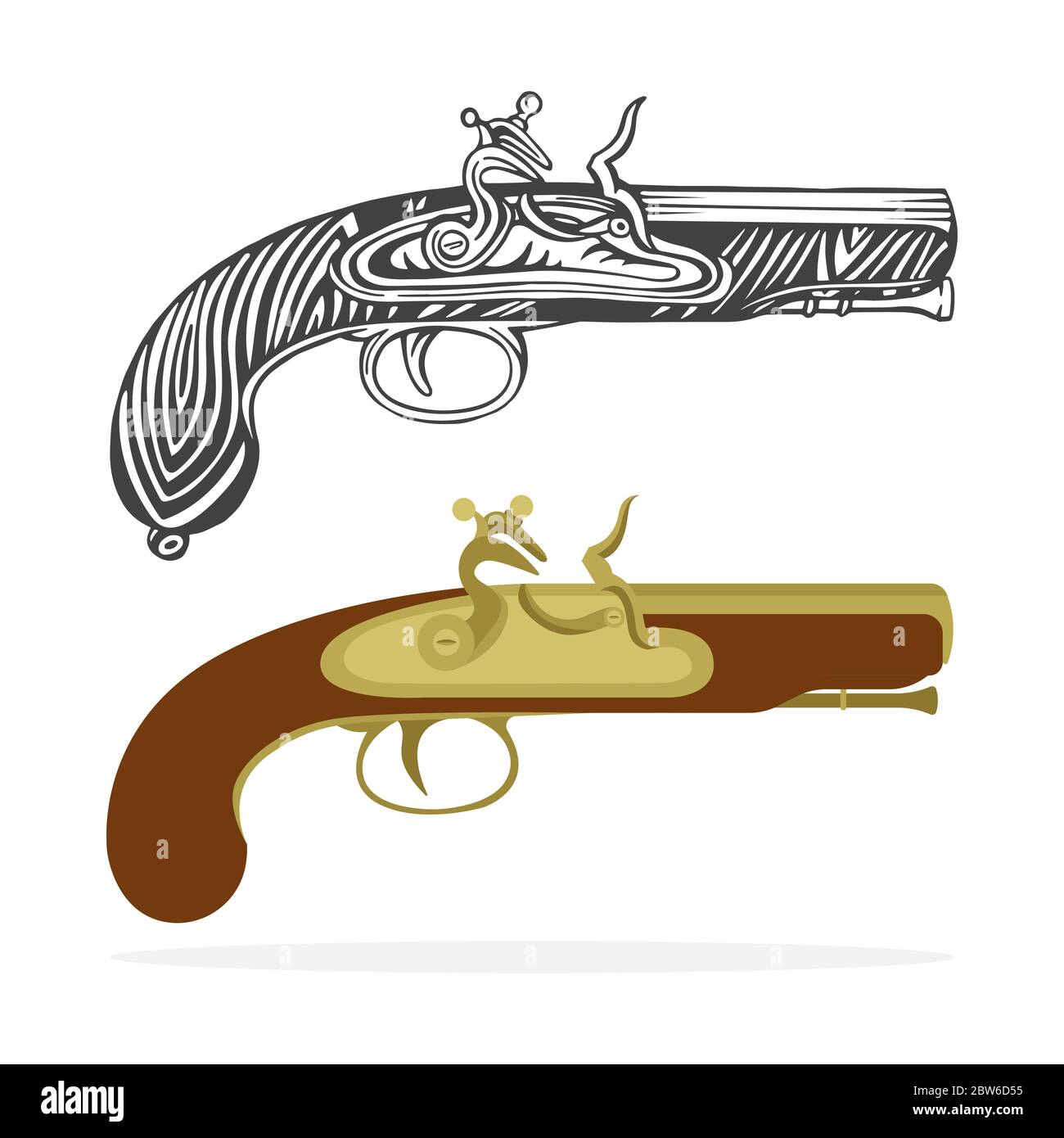 Vecchia pistola. Collezione di illustrazioni vettoriali disegnate a mano con pistola flintlock vintage. Incisione e cartoni animati disegni antichi a pistola. Parte del set. Illustrazione Vettoriale