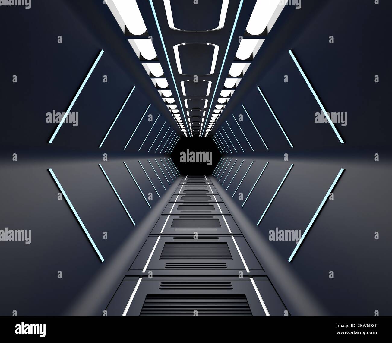Rendering 3D arredato, Spaceship interni neri Foto Stock