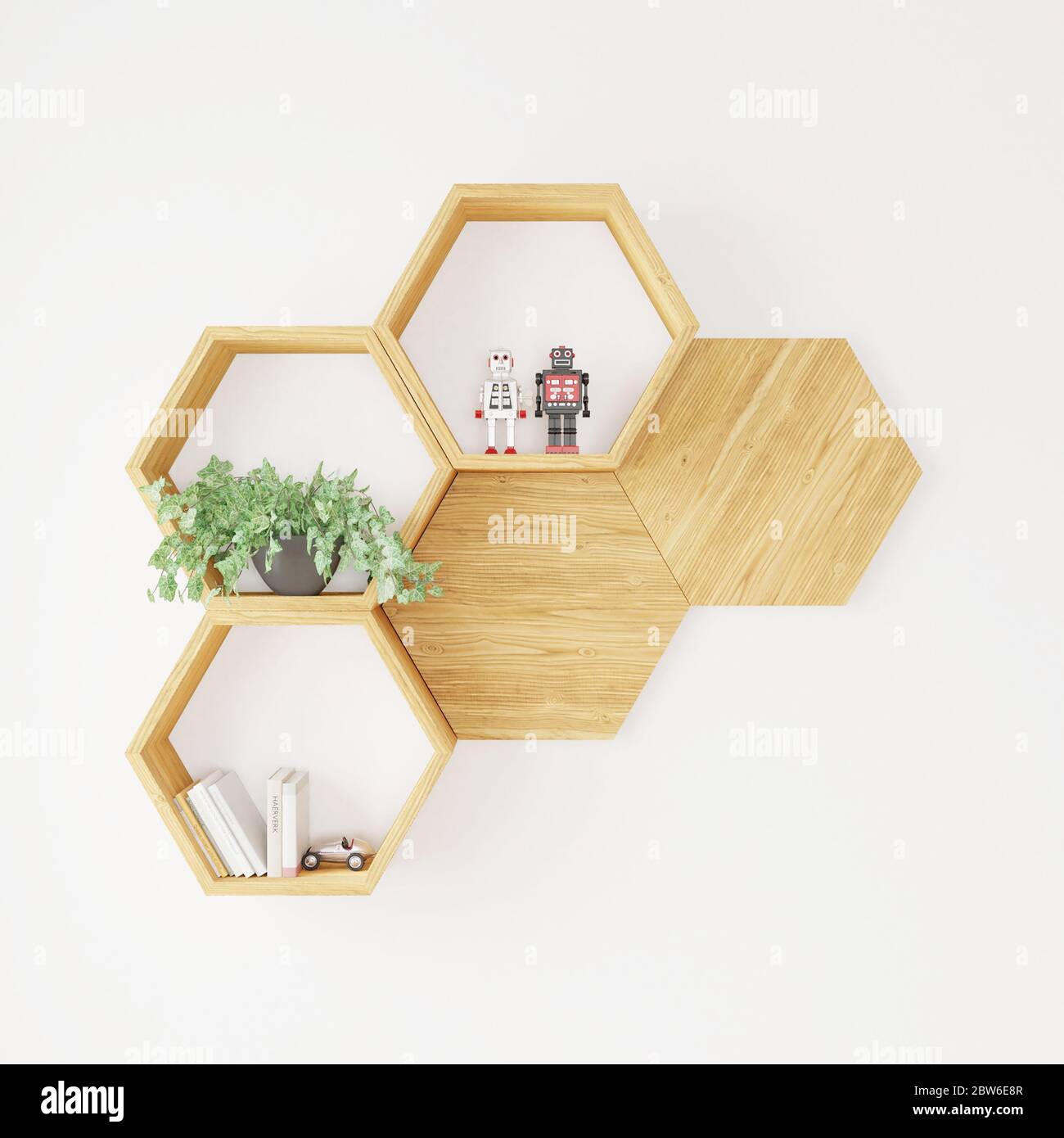 Libri di scaffali Hexegon, pianta e giocattolo per il mock up dello spazio di copia Foto Stock