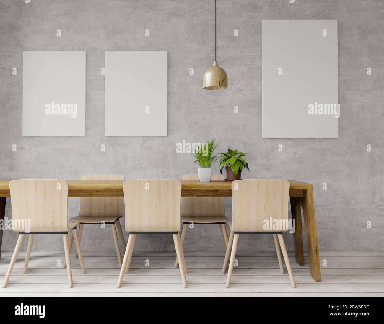 rendering 3d di grande sala da pranzo con loft e industrail stile, parete in cemento per mock up e spazio di copia Foto Stock