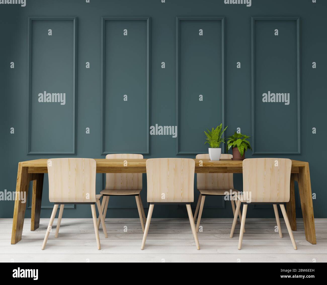 Tavolo da pranzo con rendering 3d in grande design room.interior, stile art deco, parete verde per spazio di simulazione e copia Foto Stock