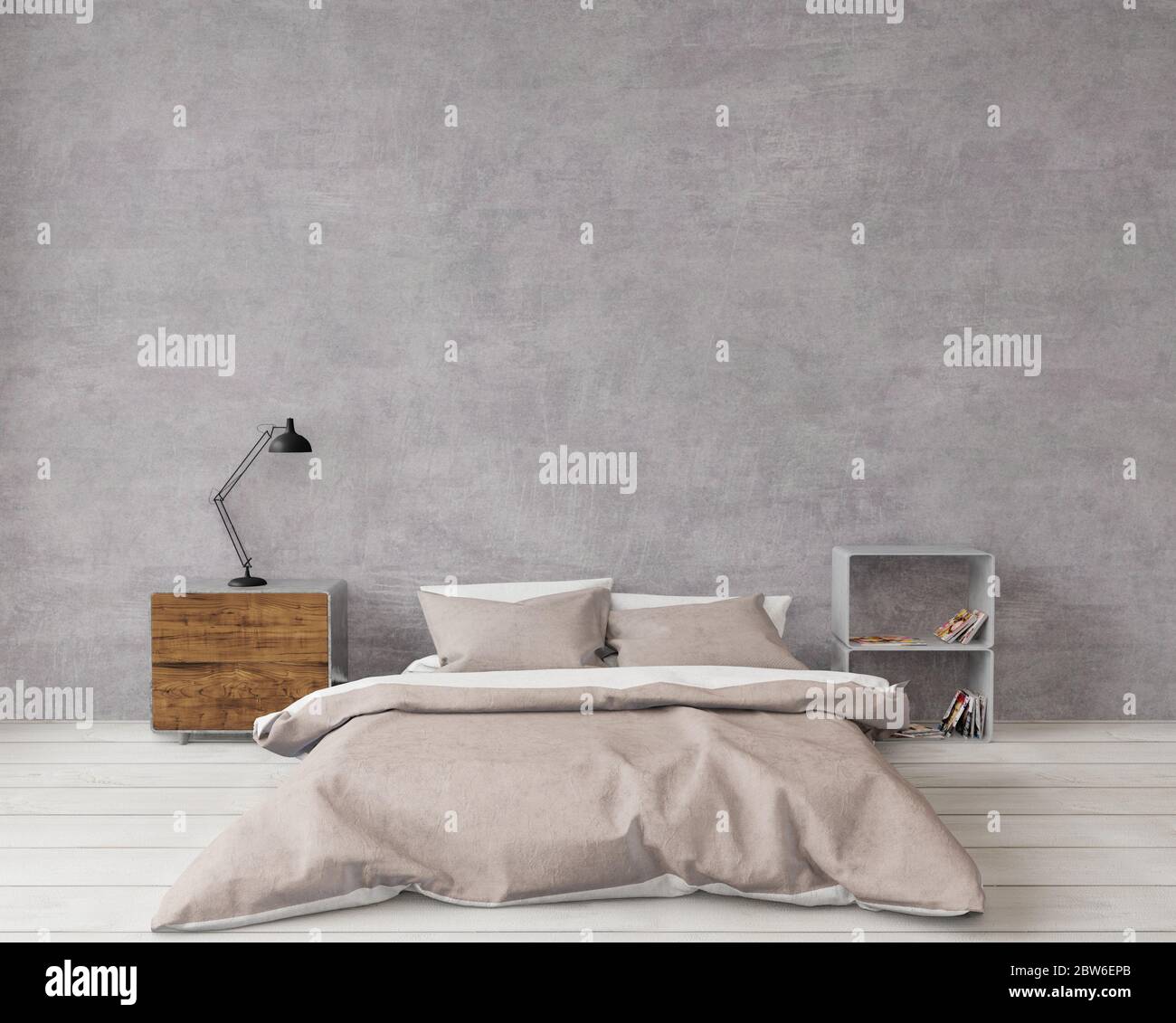 3D rendering Camera da letto stile loft con cemento grezzo, pavimento in legno, grande finestra, parete vuota per spazio copia Foto Stock