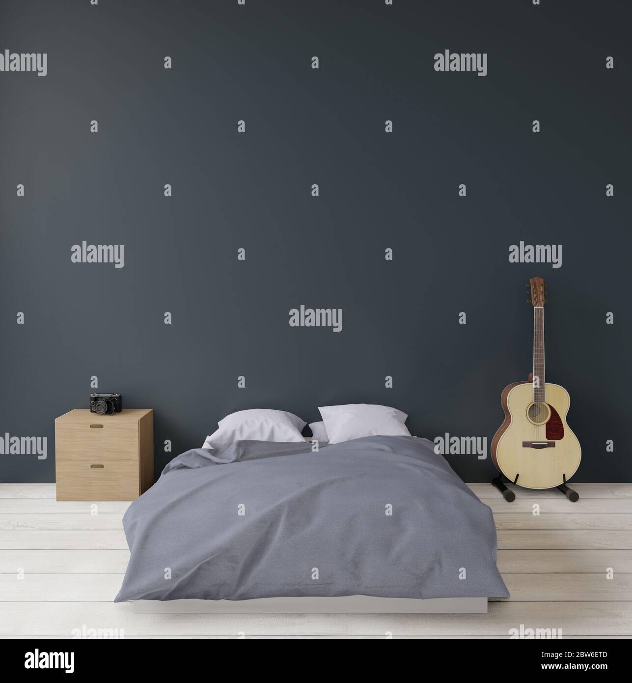 camera da letto moderna con chitarra e fotocamera, mock up ...