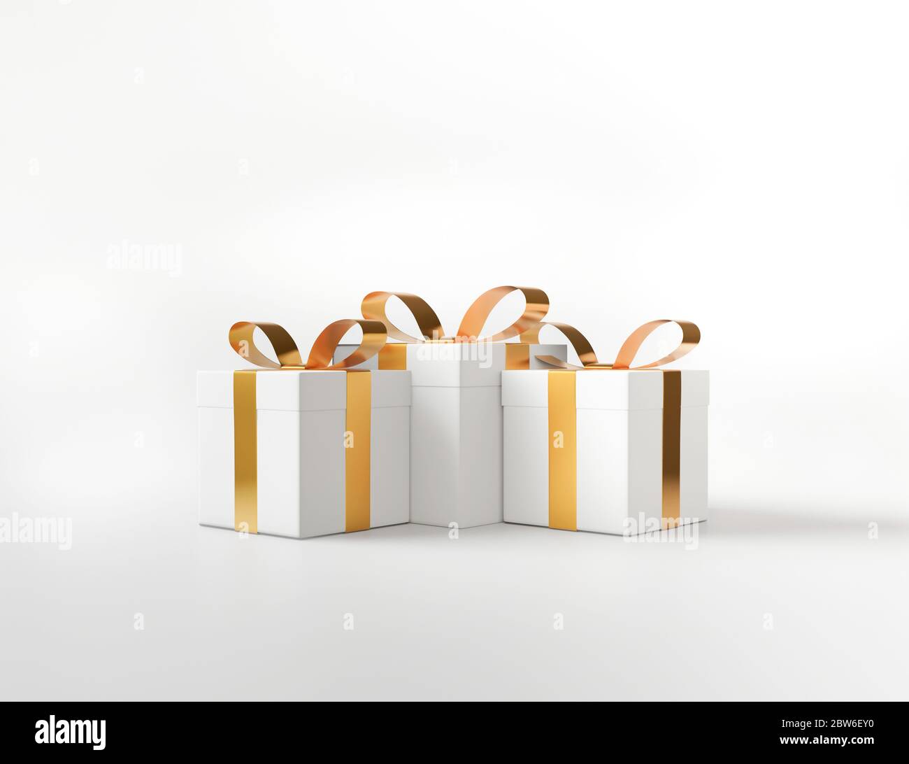Scatola regalo quadrata bianca in 3D e concept bow-nastron dorato metallico con sfondo bianco isolato Foto Stock