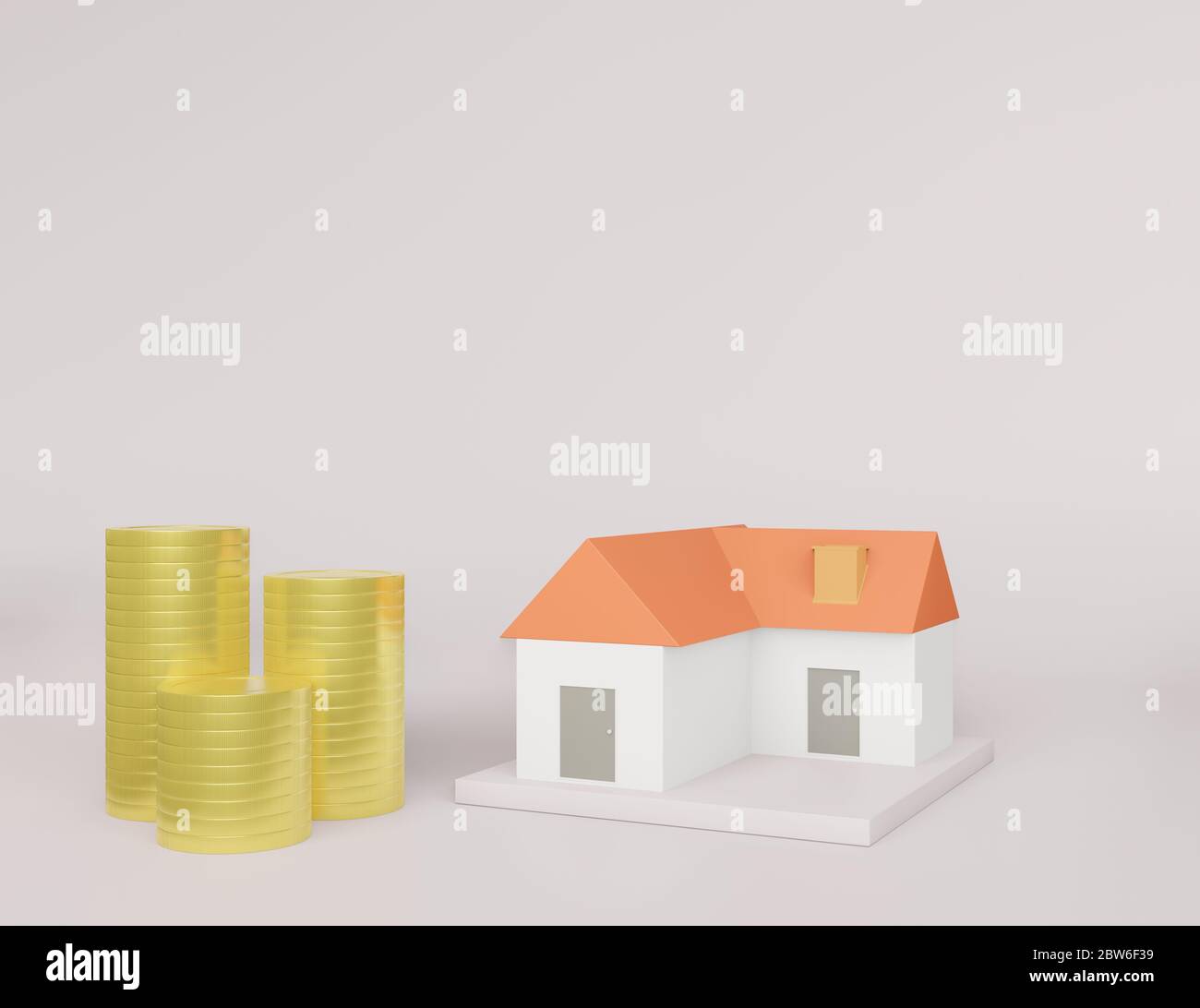 Moneta d'oro allineata verticalmente nel modello della casa di direzione di crescita posto sul pavimento, risparmiando soldi per il bene immobile Foto Stock