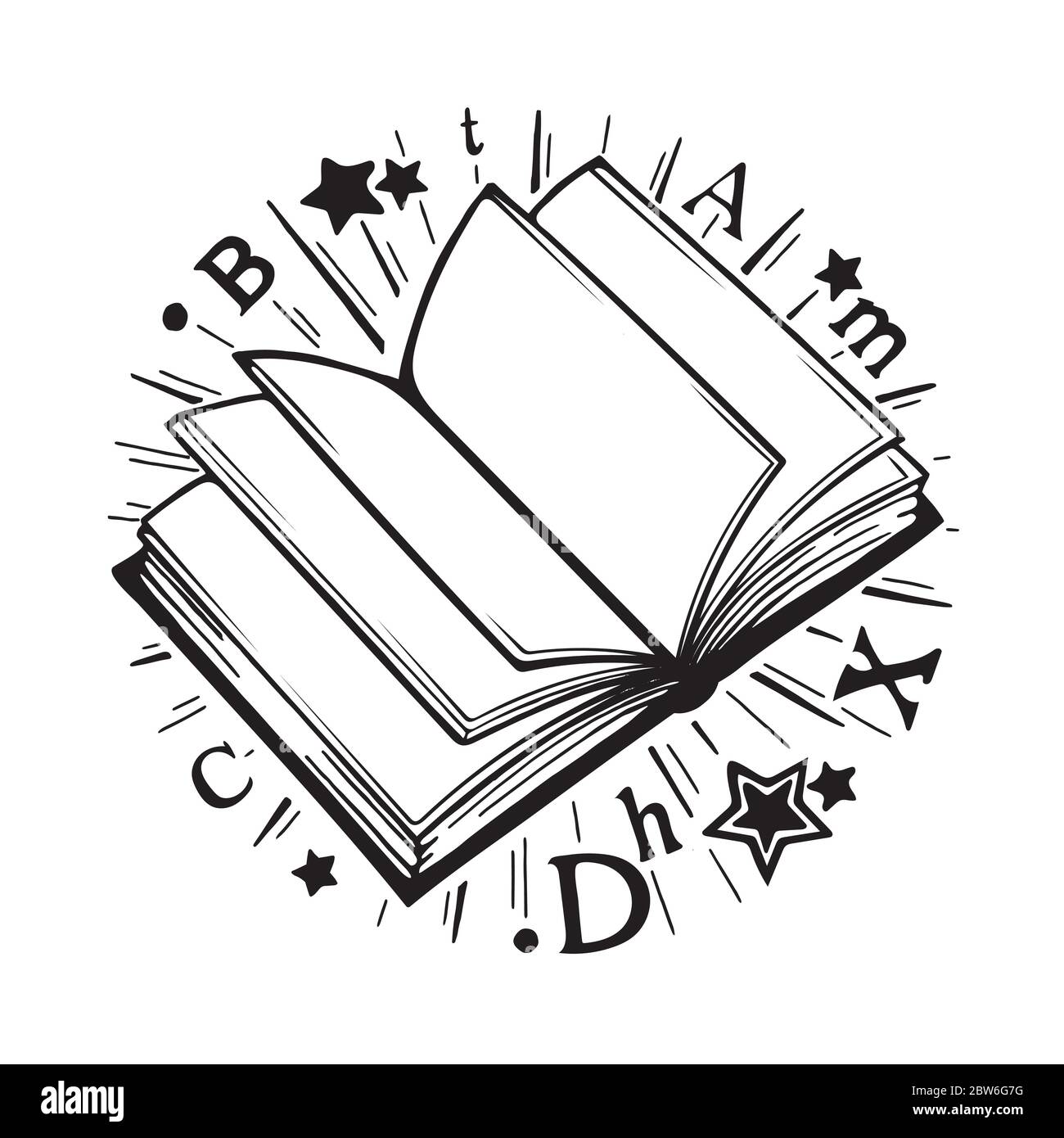 Illustrazione del concetto di studio e conoscenza. Disegno di un libro  aperto disegnato a mano. Disegno di libri, stelle, lettere e raggi Immagine  e Vettoriale - Alamy