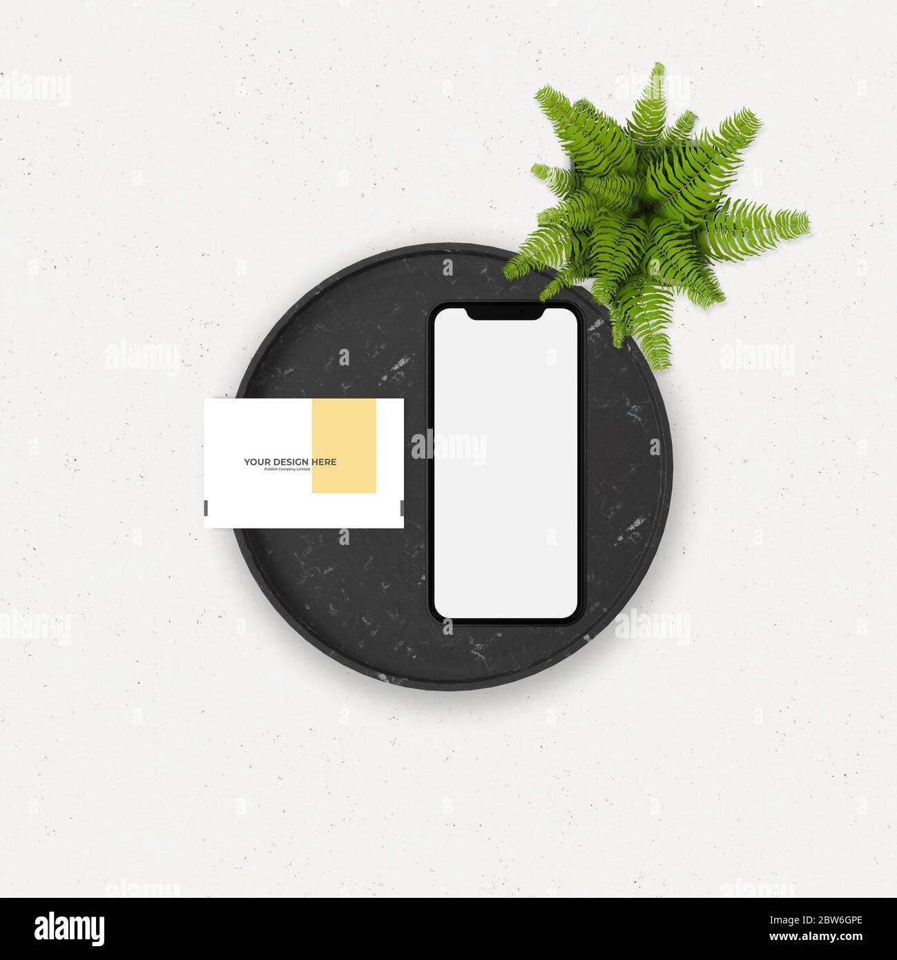 rendering 3d di biglietti da visita e smartphone sul vassoio in marmo per lavori di simulazione. Foto Stock