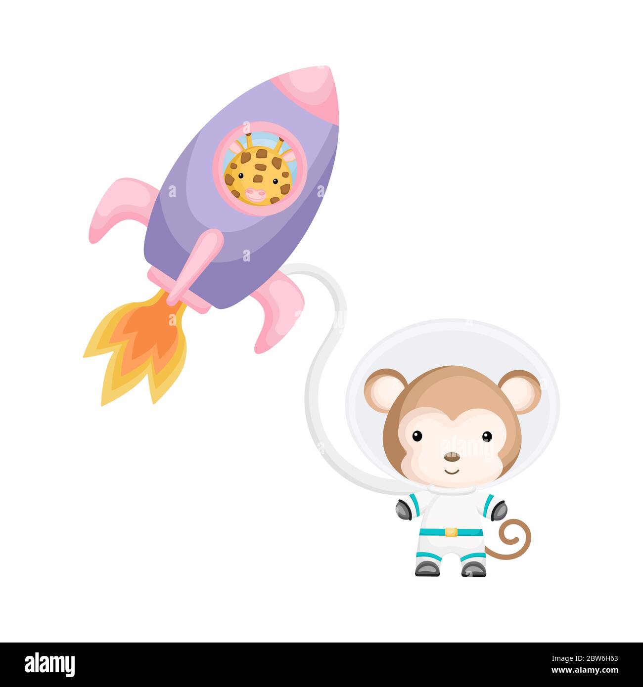 Carino astronauti di giraffe e scimmie che volano in razzo e spazio aperto. Elemento grafico per libro, album, cartolina, invito per bambini. Illustrazione Vettoriale