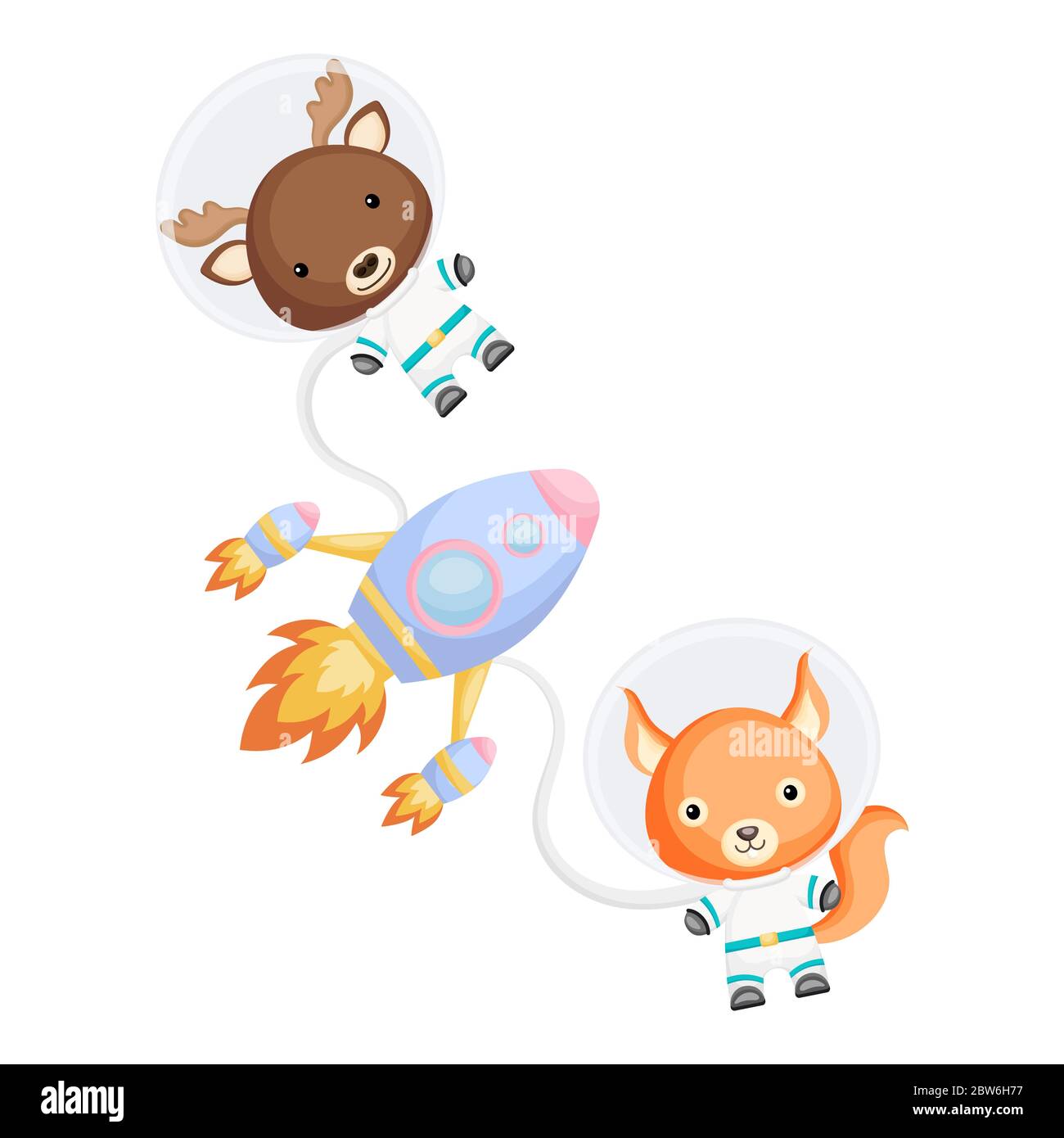 Carino astronauti a forma di alci e scoiattoli che volano in spazi aperti. Elemento grafico per libro, album, album, cartolina, invito per bambini. Illustrazione Vettoriale