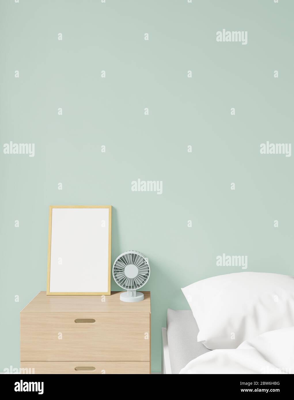 primo piano verde pastello minimale giapponese moderna camera da letto con credenza e ventilatore, mock up, spazio di copia, rendering 3d Foto Stock