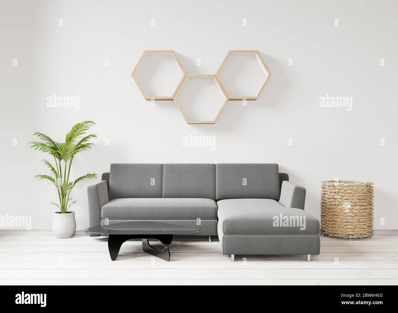 Soggiorno sullo sfondo bianco della parete, vista frontale dello scaffale esagonale, spazio di copia, rendering 3D Foto Stock