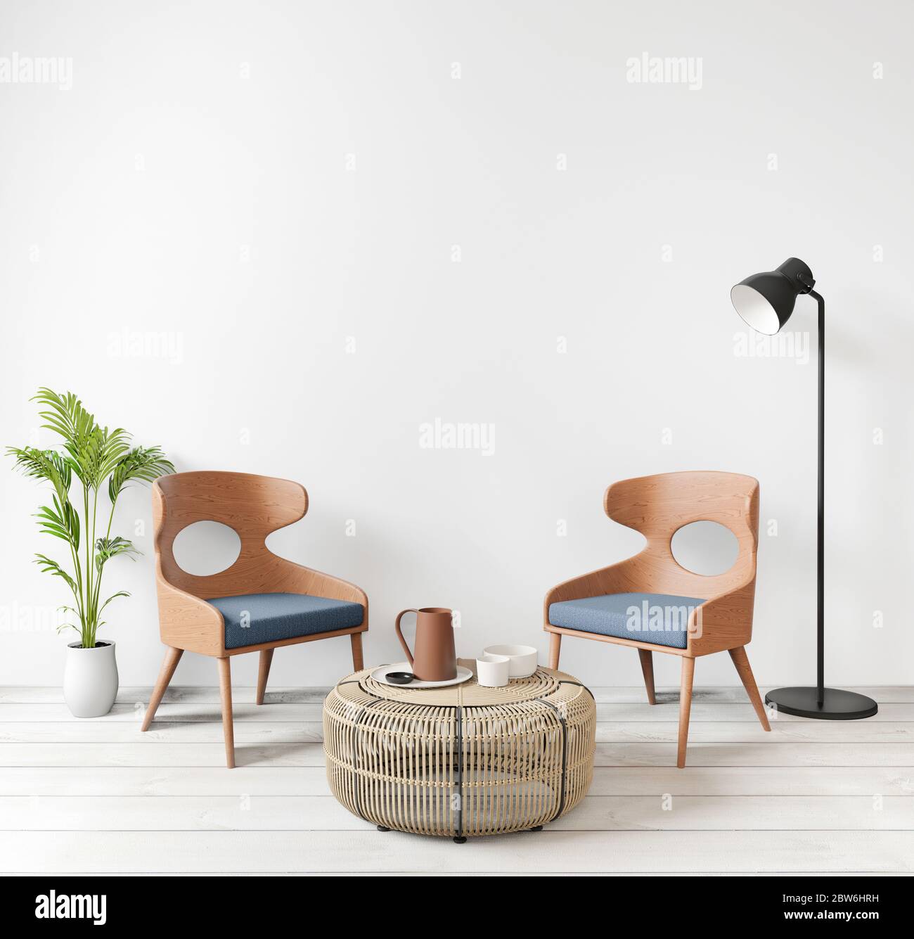 Interni in stile mock-up con due sedie, pavimento in legno, nel soggiorno con pareti in cemento grezzo stile loft, giapponese minimal stile 3D rendering. Foto Stock