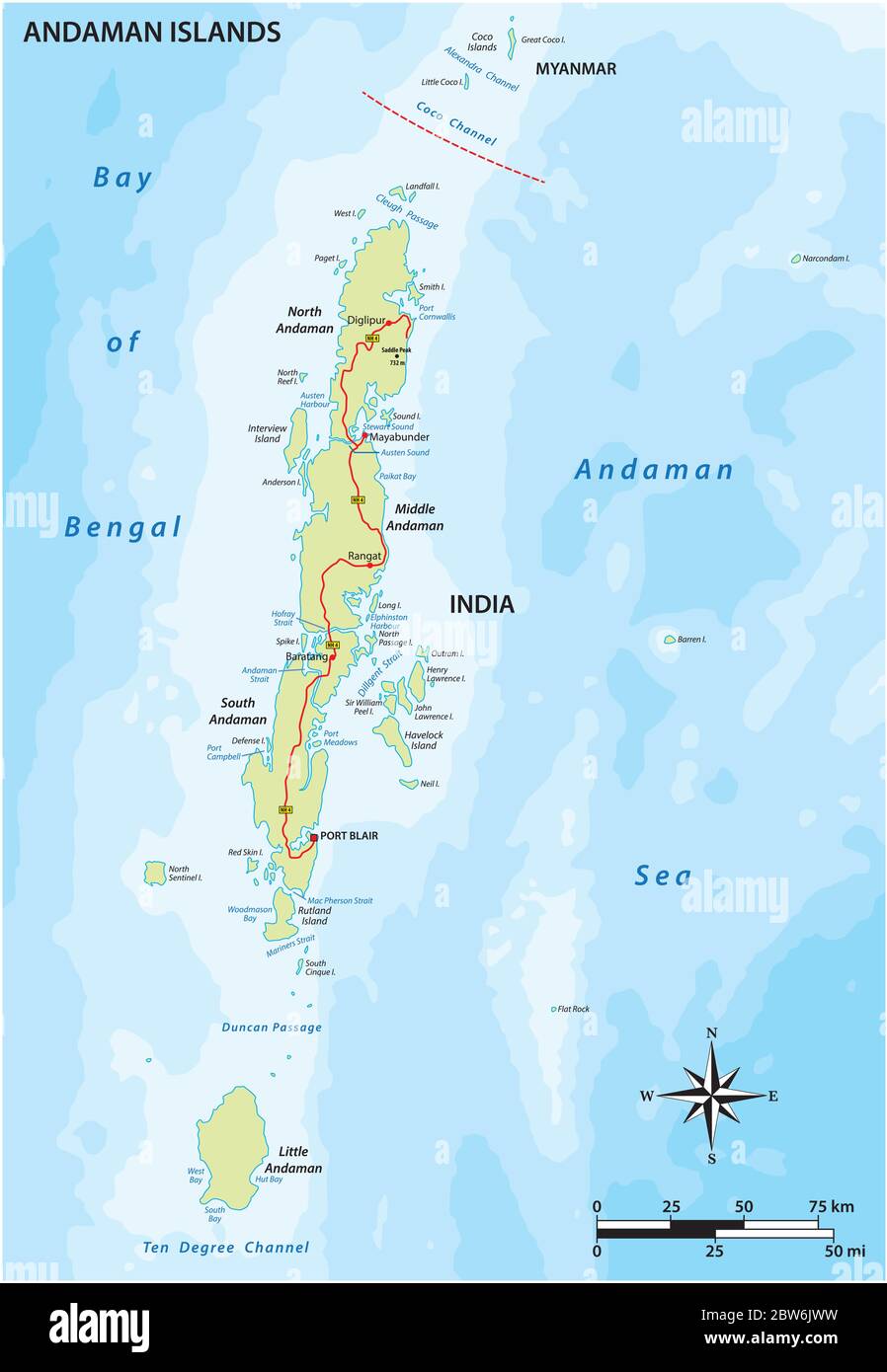 Mappa vettoriale dell'arcipelago indiano delle Isole Andamane Illustrazione Vettoriale