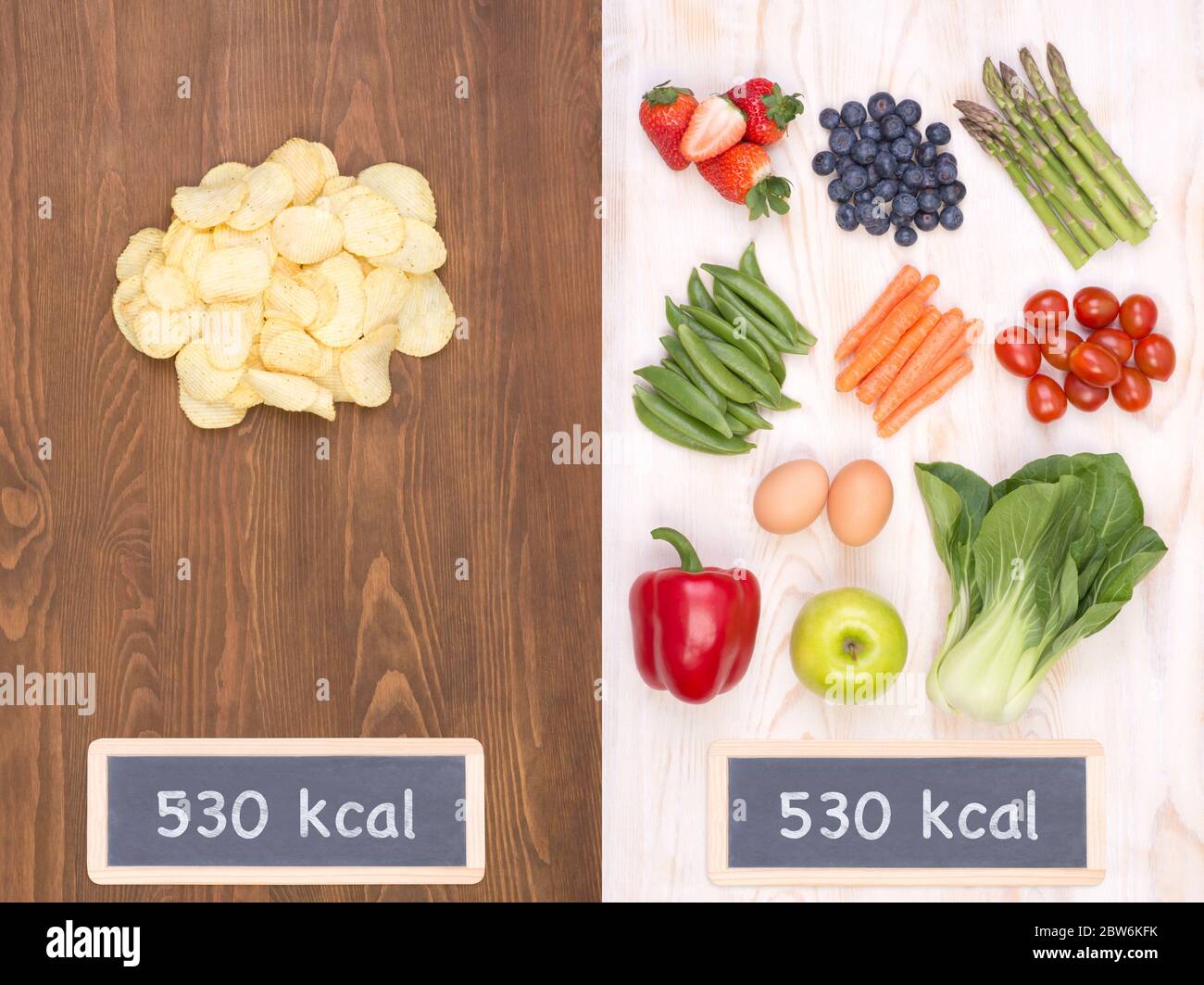 Concetto di cibo sano vs malsano, facendo buone scelte su una dieta Foto Stock