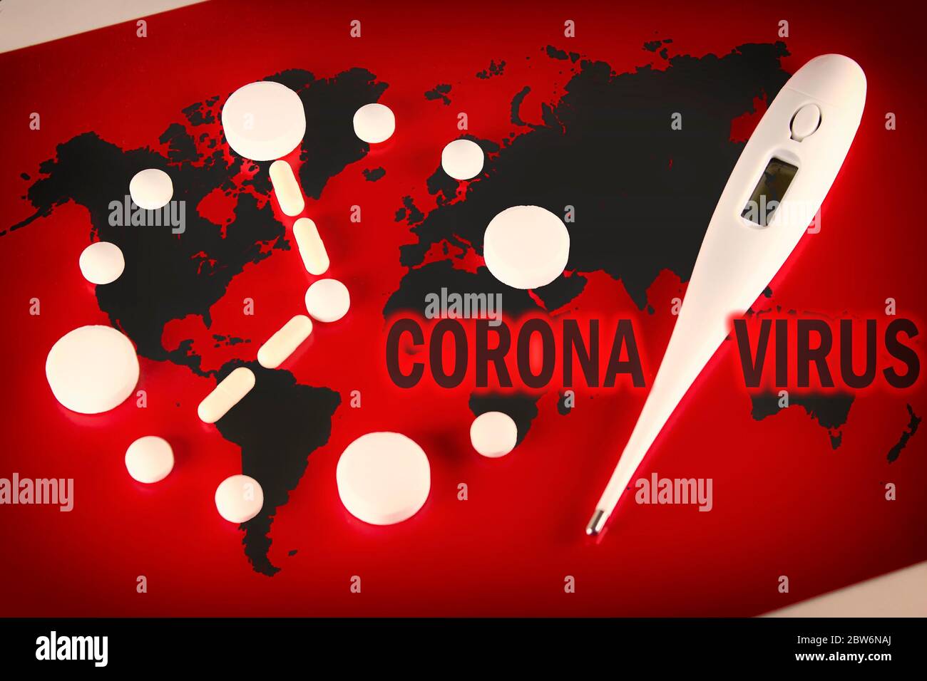 Mappa del mondo Coronavirus Covid-19 , Paesi con Covid-19, Mappa Covid 19. Malattia del coronavirus 2019 situazione aggiornamento in tutto il mondo diffusione. Orologio fatto di whit Foto Stock