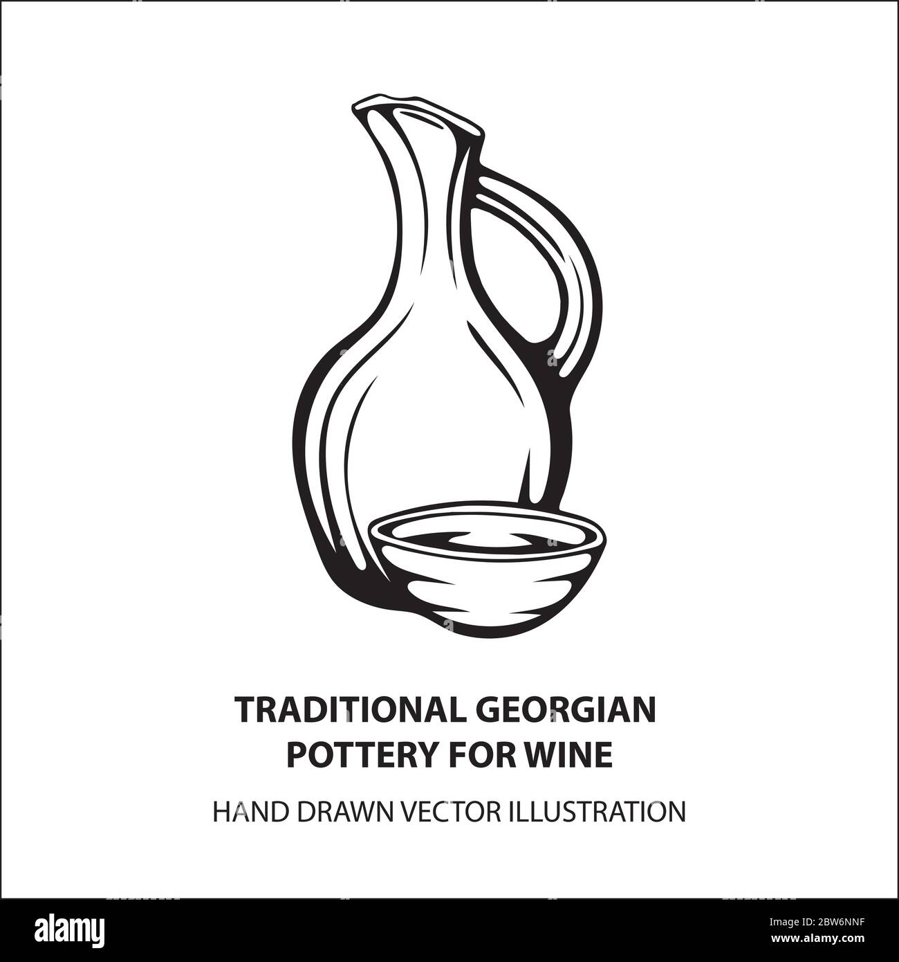 Ceramica tradizionale georgiana per il vino. Doqi e piala. Antichi vasi in argilla georgiana fatti a mano per il vino. Tema vino illustrazione vettoriale disegnata a mano. Illustrazione Vettoriale