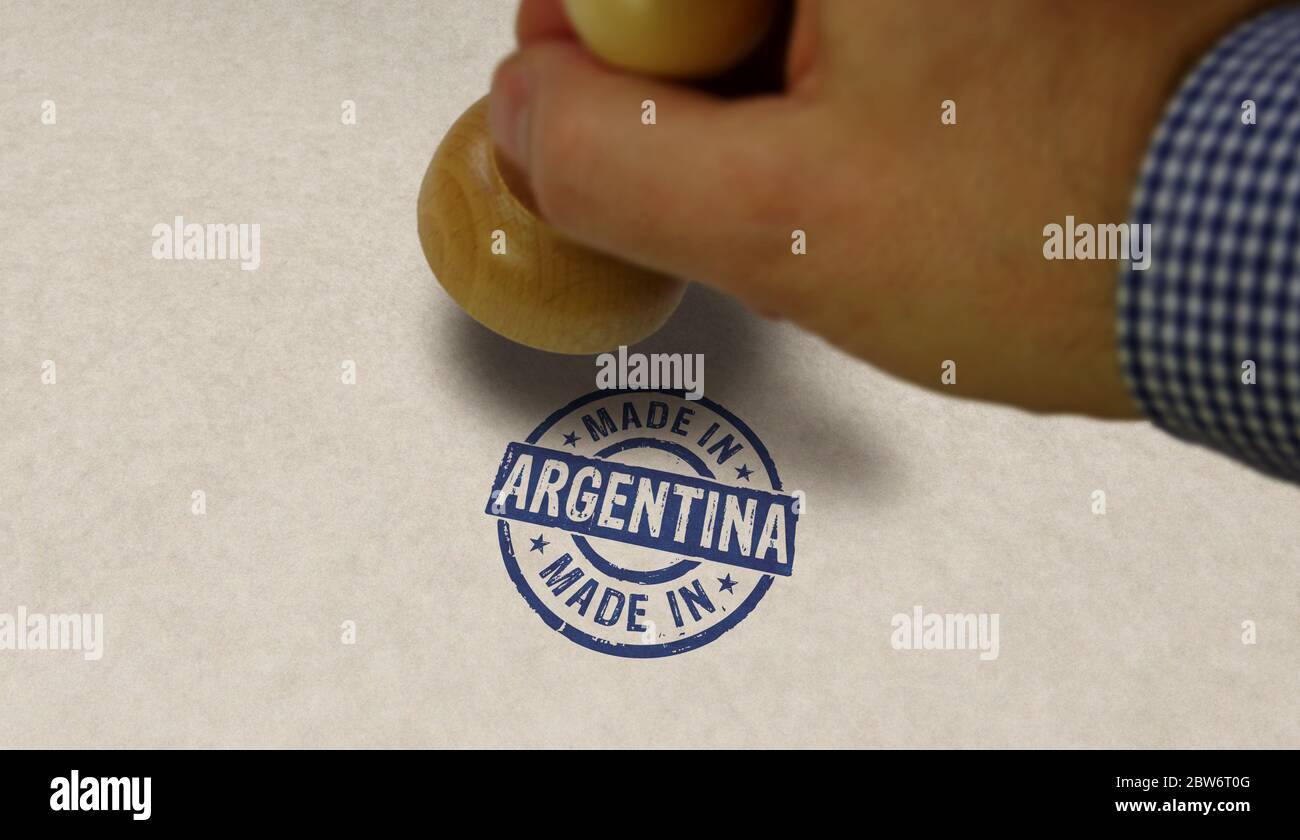 Realizzato in Argentina timbro e mano di stampaggio. Concetto di fabbrica, produzione e paese di produzione. Foto Stock