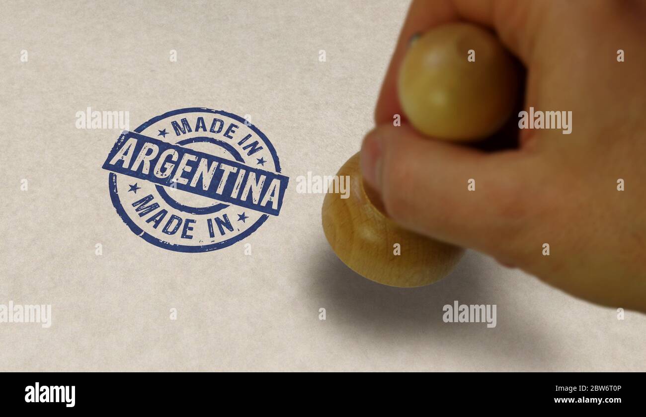 Realizzato in Argentina timbro e mano di stampaggio. Concetto di fabbrica, produzione e paese di produzione. Foto Stock