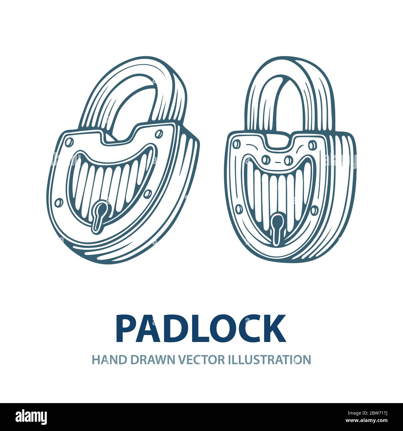 Lucchetto. Set di illustrazioni vettoriali con lucchetti disegnati a mano. Disegno di schizzo con lucchetto in stile retrò. Parte del set. Illustrazione Vettoriale