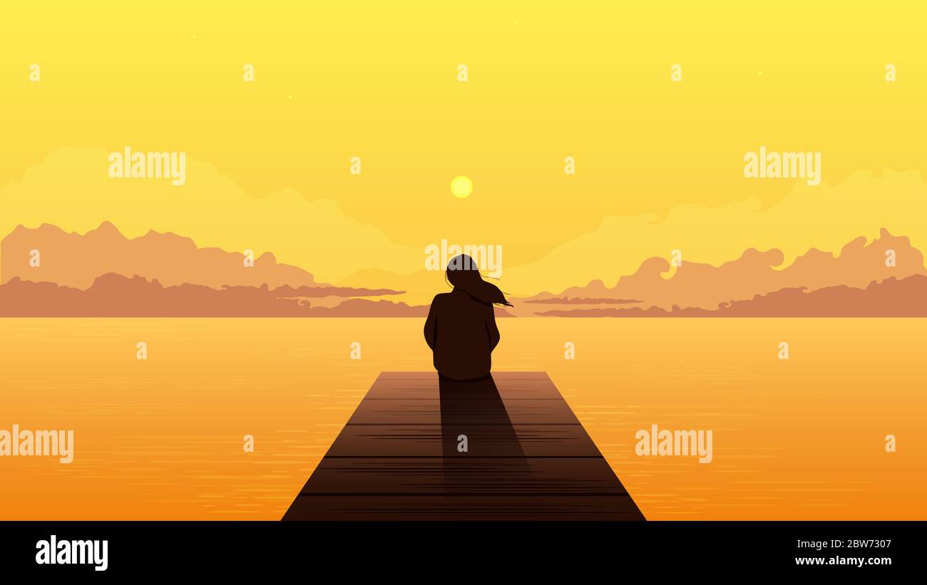 Lonely ragazza silhouette al tramonto. Triste donna sognante da sola seduta guardando il tramonto arancione. Illustrazione Vettoriale