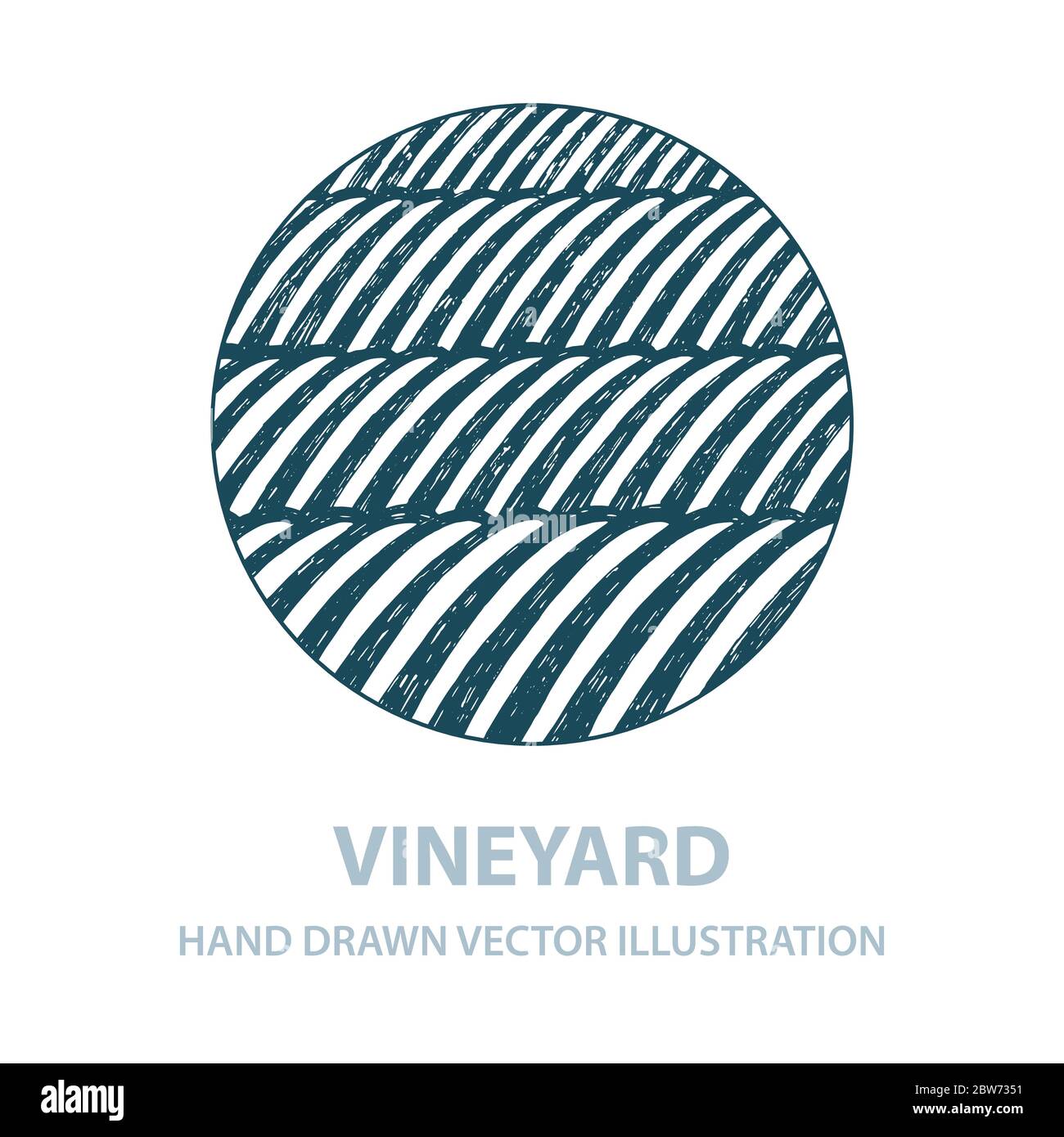 Vigneto. Soleggiato valle disegnata a mano illustrazione. Natura e prati. Disegno di schizzo in stile legno vigneto. Illustrazione Vettoriale