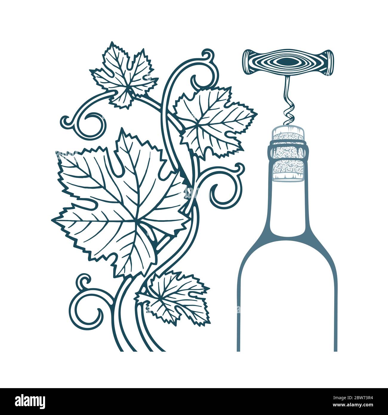 Illustrazione di vite e foglie di uva, cavatappi, sughero e bottiglia di vino. Parte del set. Illustrazione Vettoriale