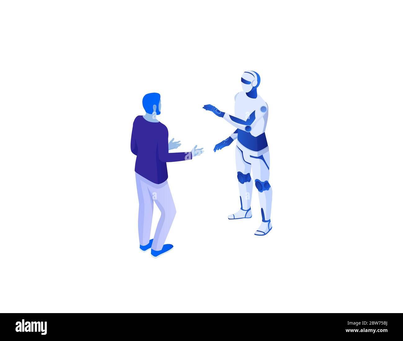 Comunicazione web con concetto isometrico bot chat. Uomini di dialogo online con intelligenza artificiale. Illustrazione Vettoriale