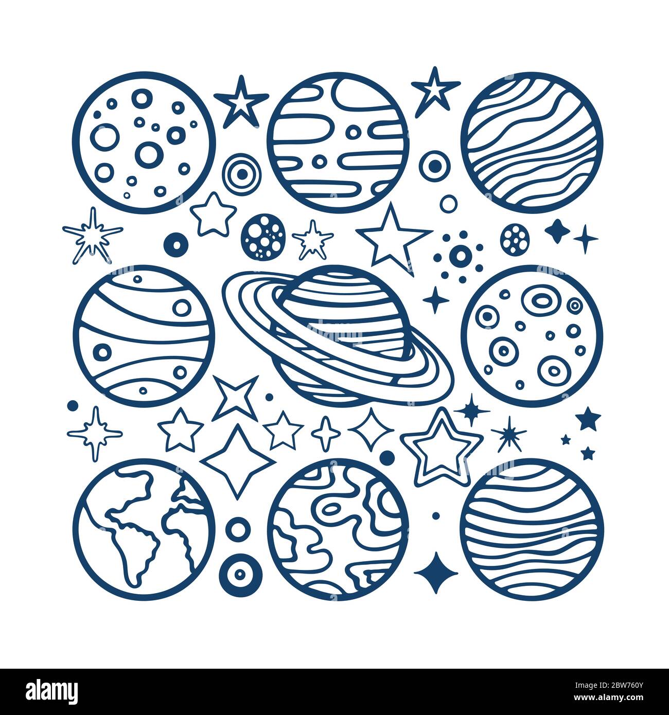 Pianeti e stelle. Pianeti disegnati a mano e stelle di forma diversa insieme di illustrazioni vettoriali. Disegno di schizzo dei pianeti. Doodle pianeti e stelle. Parte del set Illustrazione Vettoriale